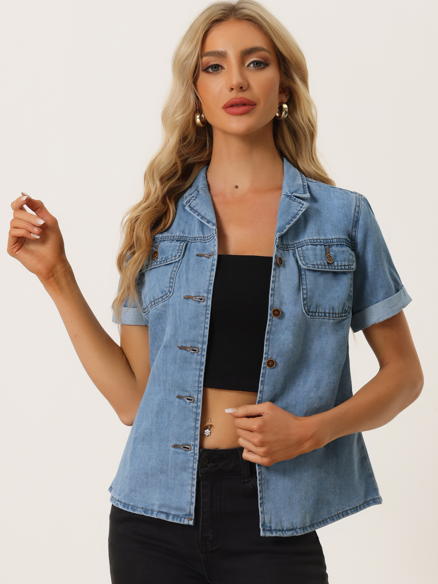 Button Up Collared Short Sleeve Pocket Classic Denim Shirt Light Blue/XL
