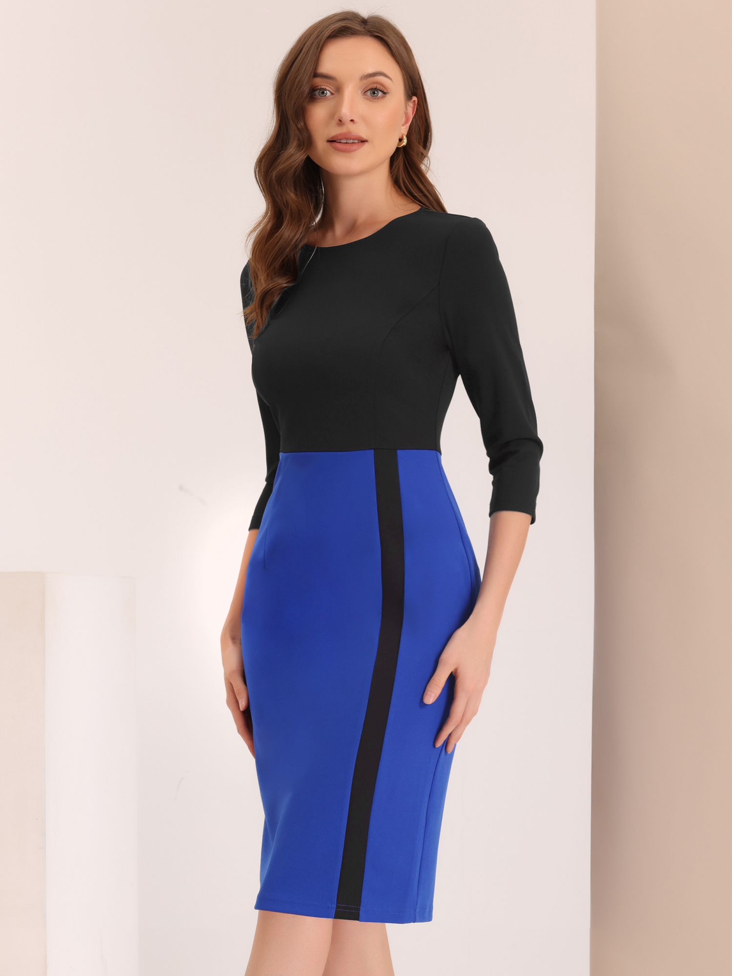 Pencil Round Neck 3/4 Sleeve Contrast Office Sheath Dress Black/XS