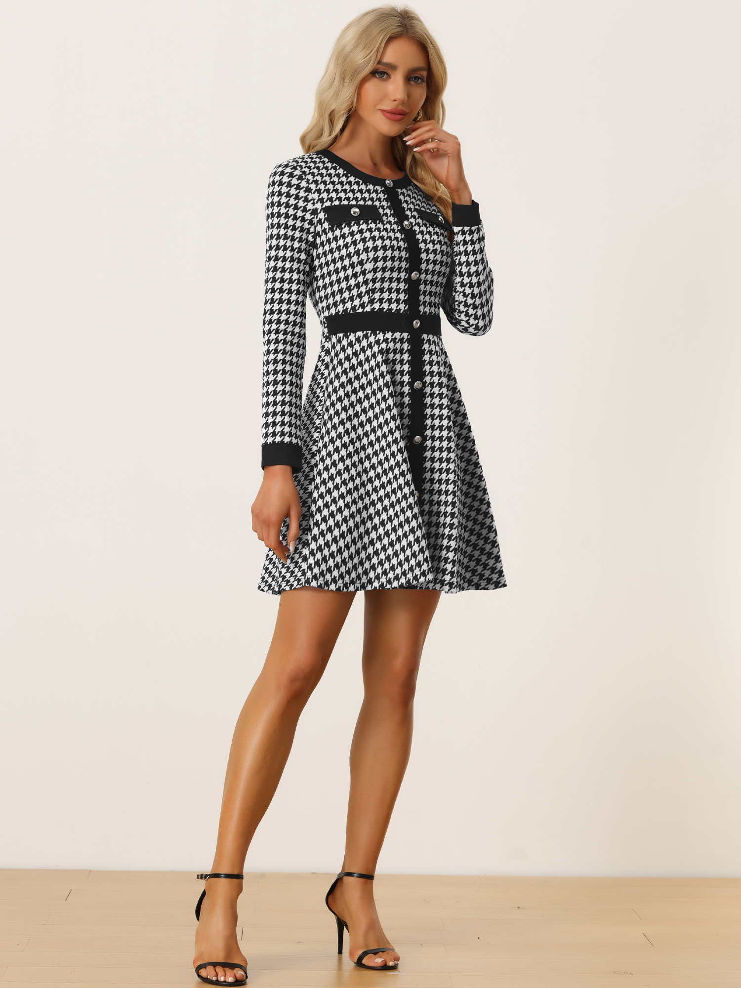 Houndstooth Plaid Contrast Color Crew Neck Button A-Line Dress Black/M