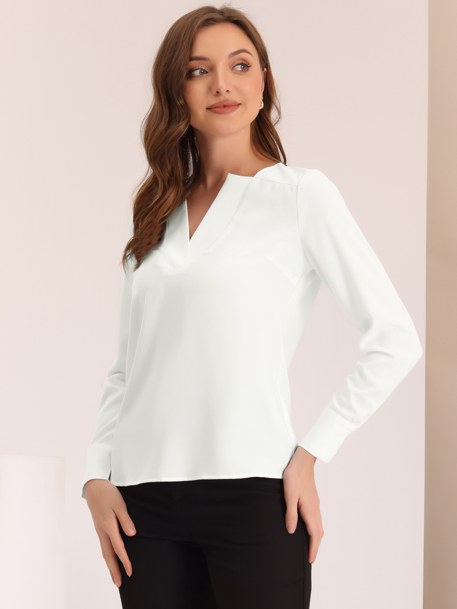 Business Casual Office Long Sleeve V Neck Solid Blouse White/L