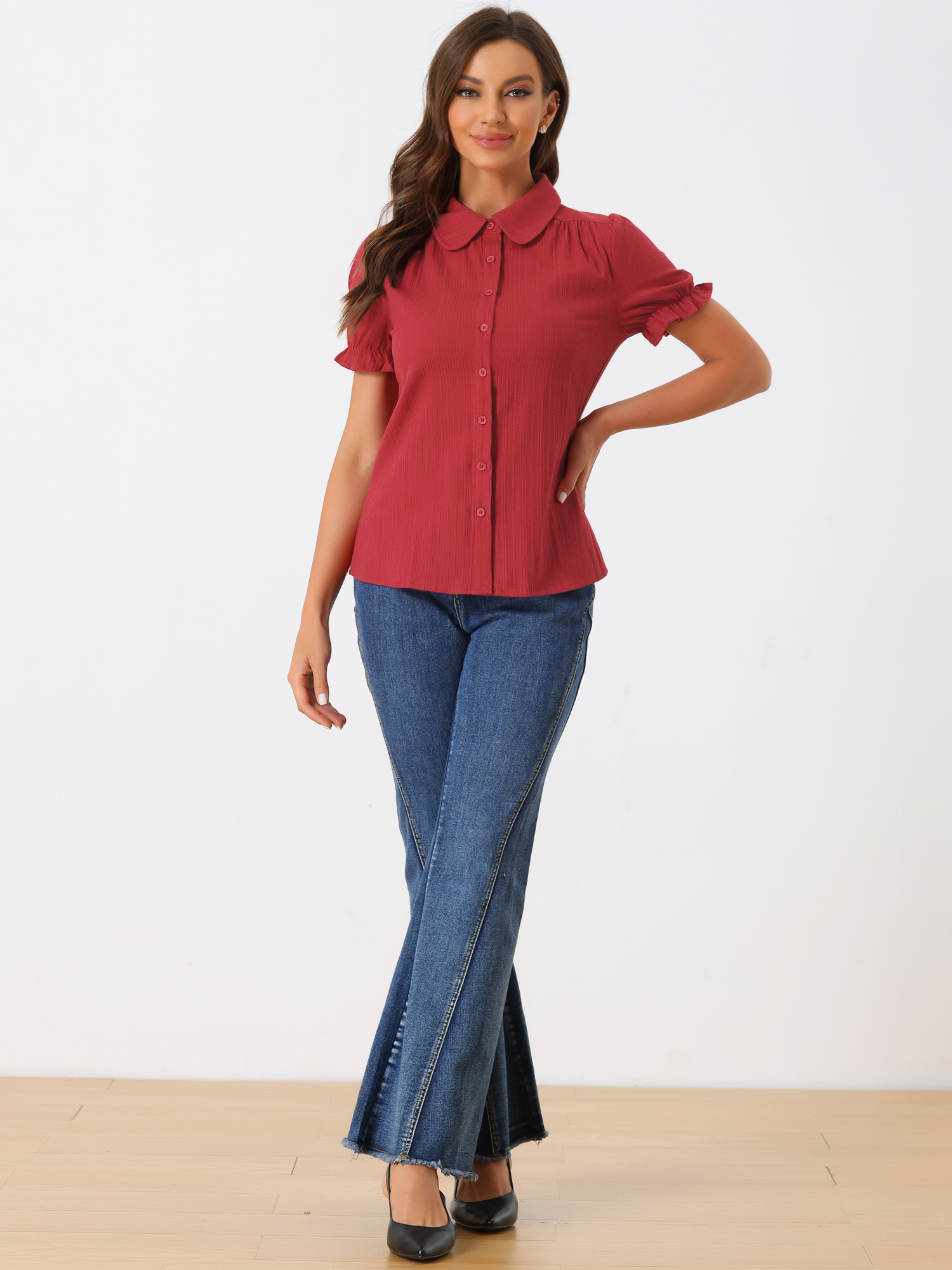 Cotton Frilled Top Turndown Collar Solid Blouse Shirt Burgundy/XL