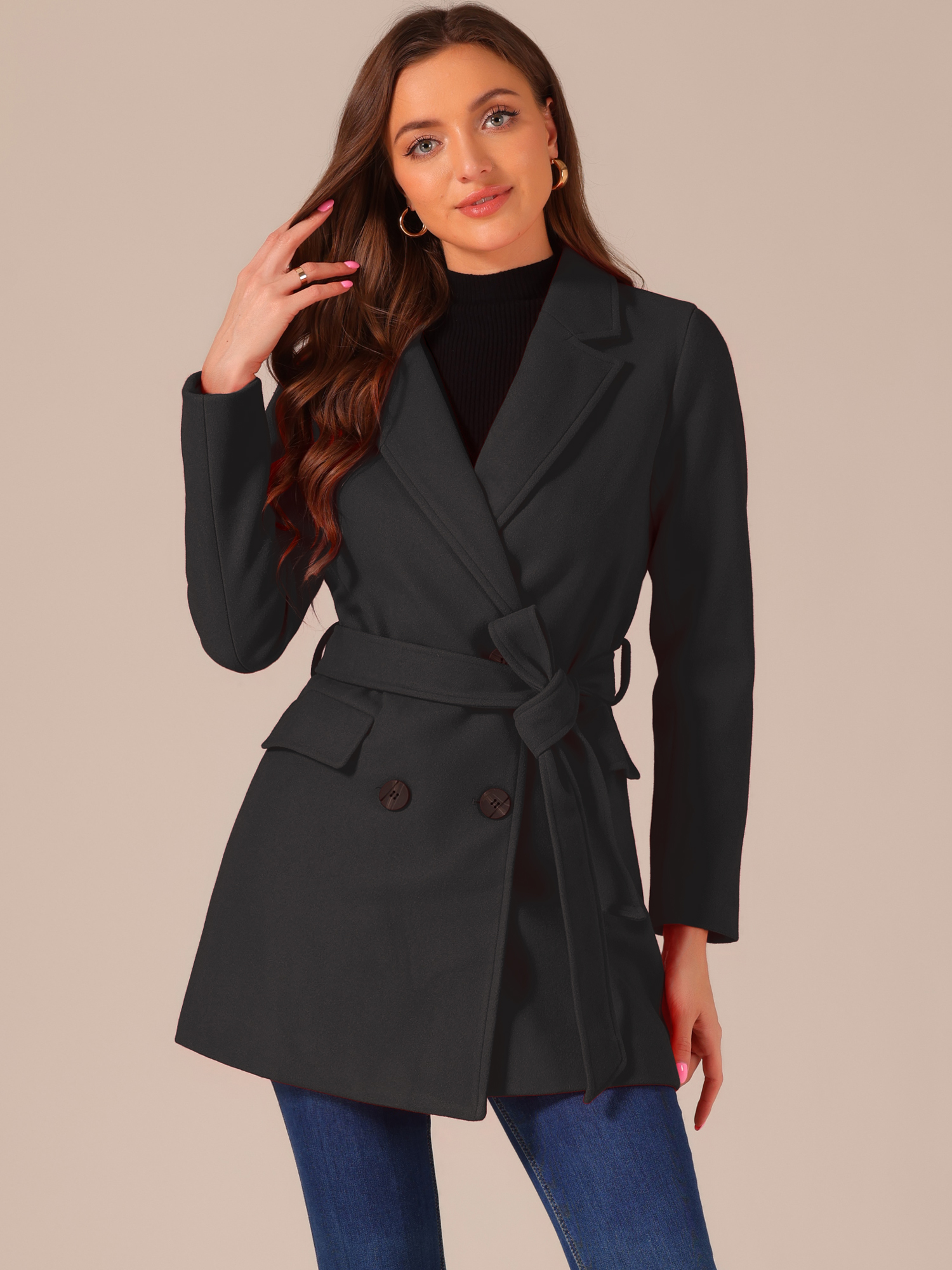 Notch Lapel Double Breasted Belted Mid Long Outwear Winter Coat Black/2XL