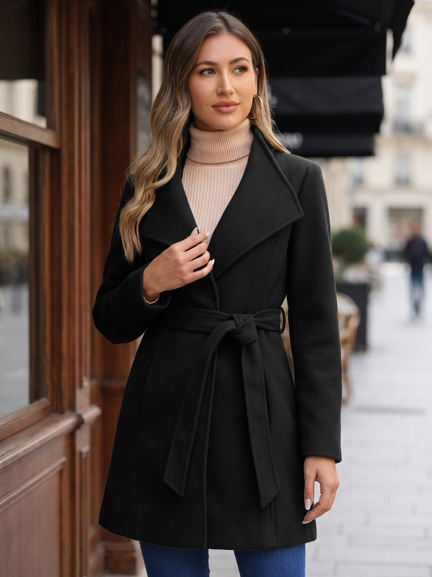 Classic Stand Collar Long Sleeve Winter Belted Coat Black/2XL