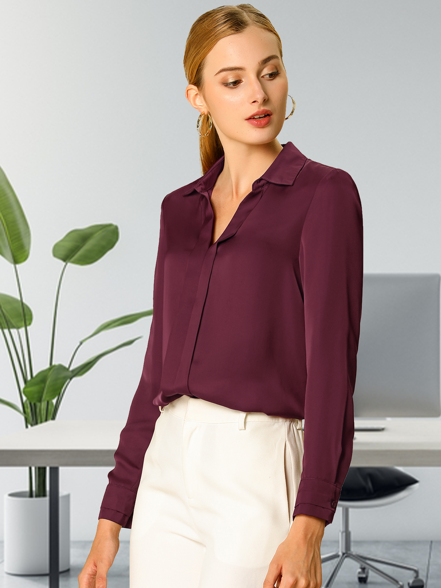 Satin Elegant V Neck Long Sleeve Silky Office Work Blouse Wine Red/2XL