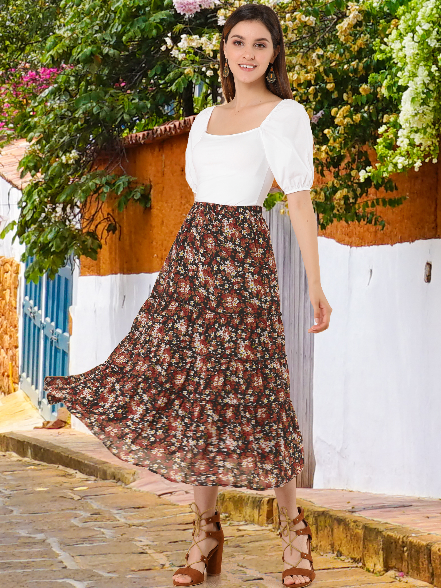 Ruffle Boho Chiffon Floral Printed Long Tiered Midi Skirt Black Red/3XL