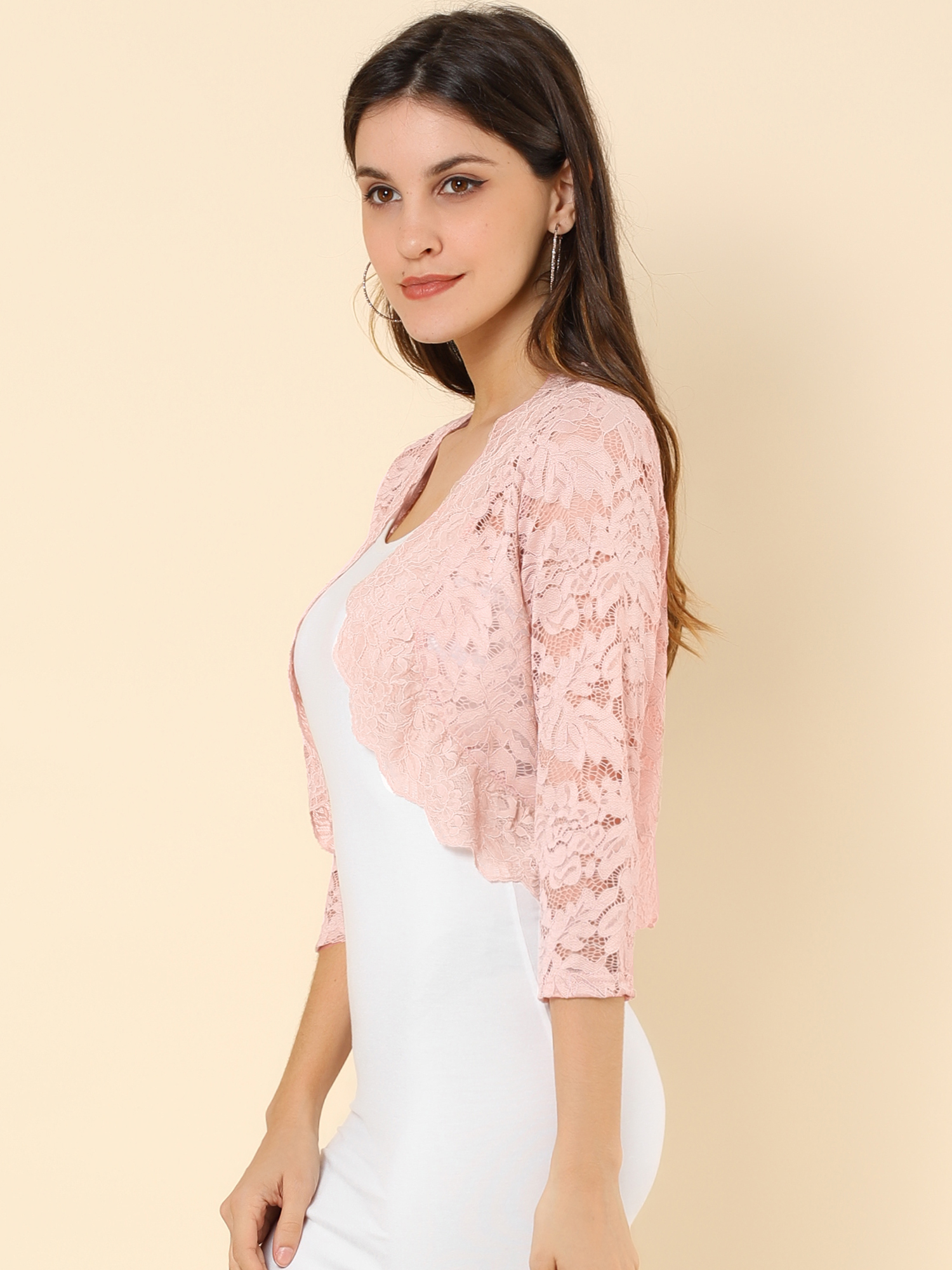 Sheer Floral Elegant 3/4 Sleeve Lace Shrug Light Pink/3XL