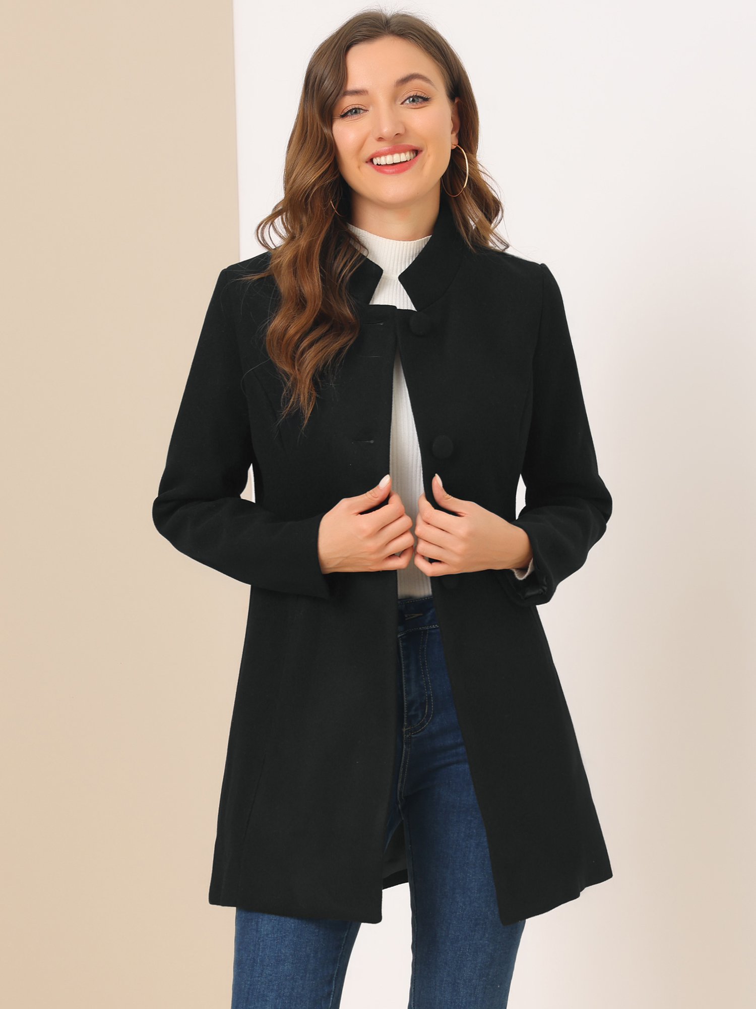 Stand Collar Single Breasted Solid Color Pea Coat Black/3XL