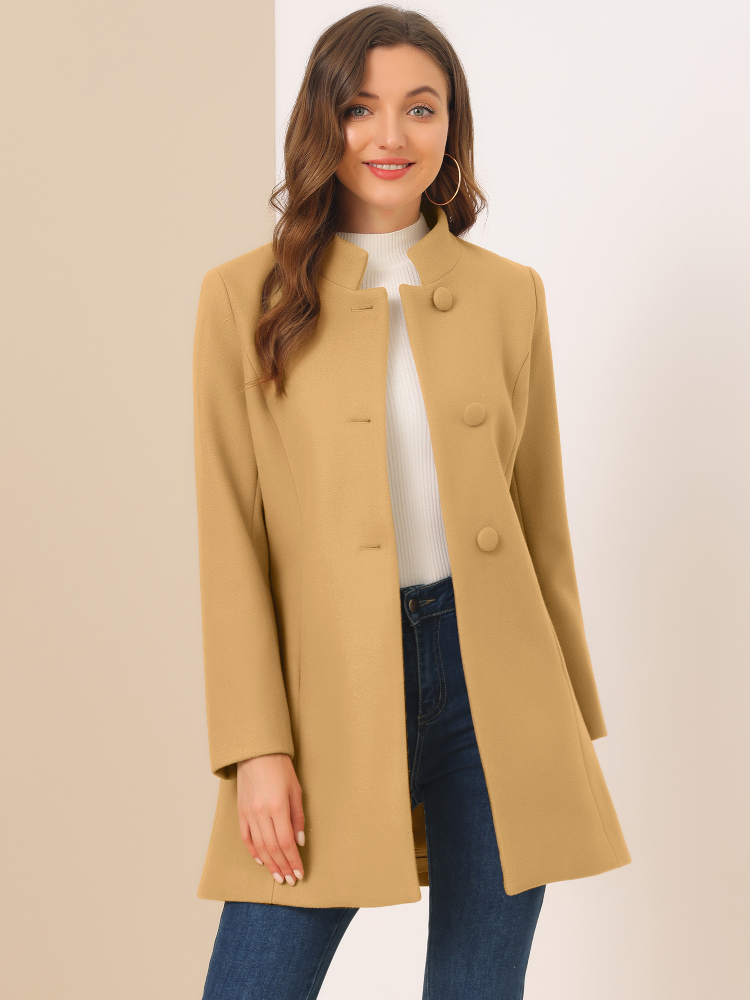 Stand Collar Single Breasted Solid Color Pea Coat Khaki/3XL