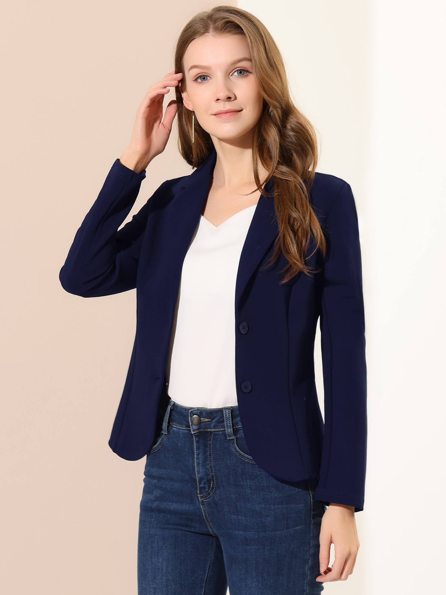 Notched Lapel Collar Stretch Work Office Workwear Jacket Blazer Navy Blue/3XL
