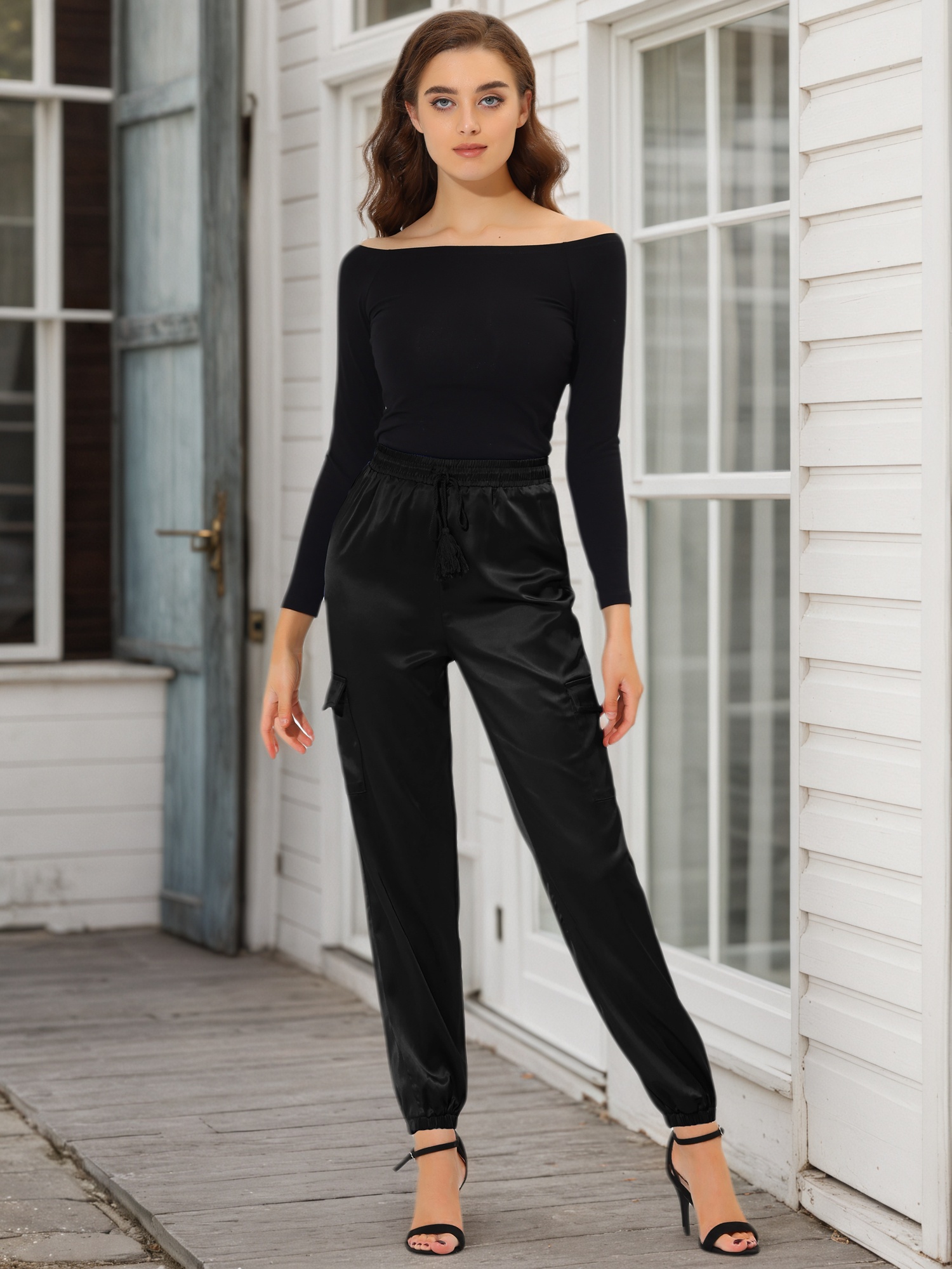 Women's Satin Joggers Drawstring Elastic High Waist Silky Satin Cargo Pants Black/3XL