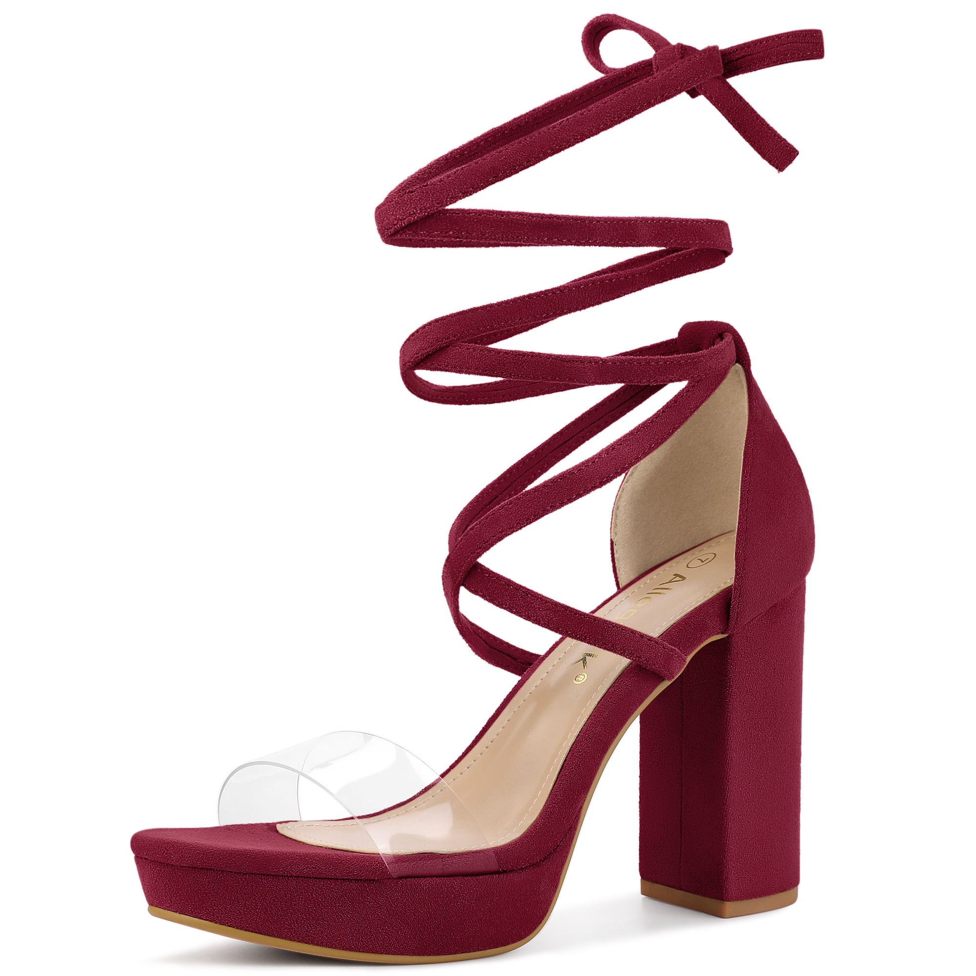 Platform Lace Up Clear Chunky Heel Sandals Burgundy/10