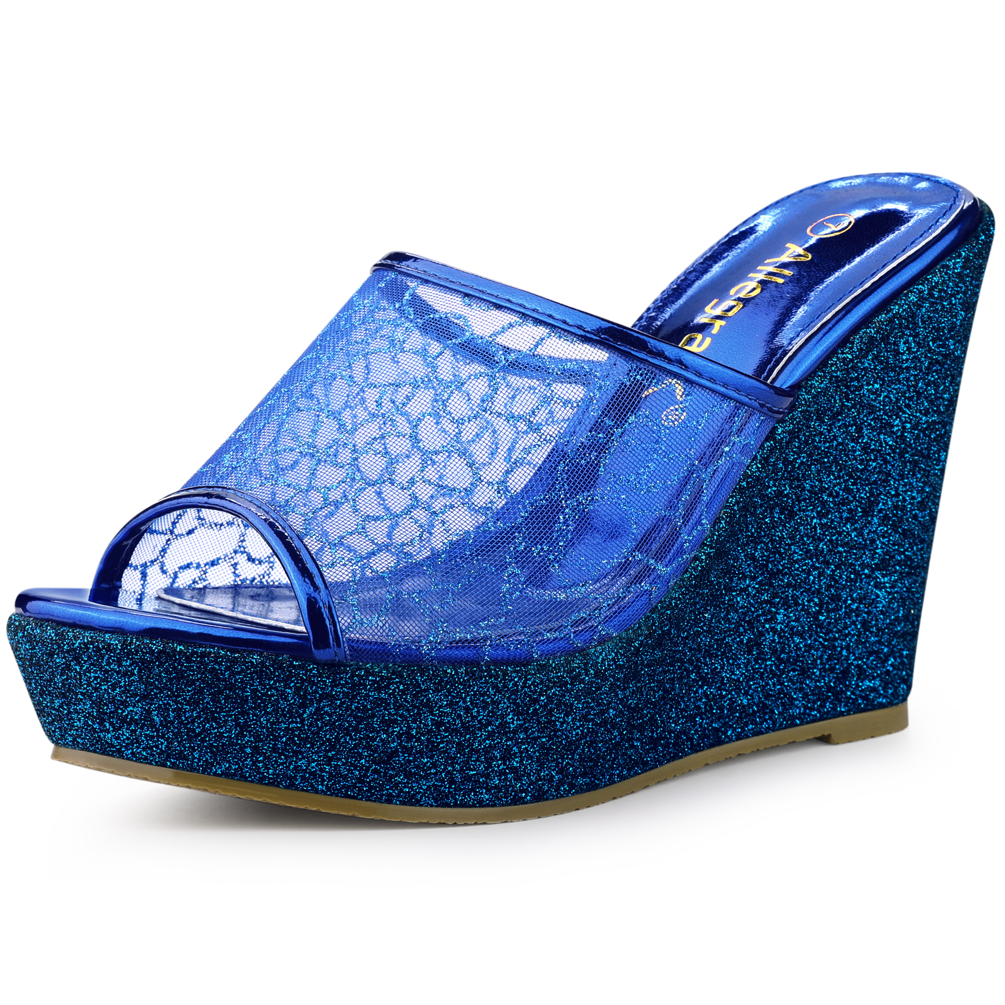 Glitter Platform Heel Slide Wedge Sandals Blue/8.5