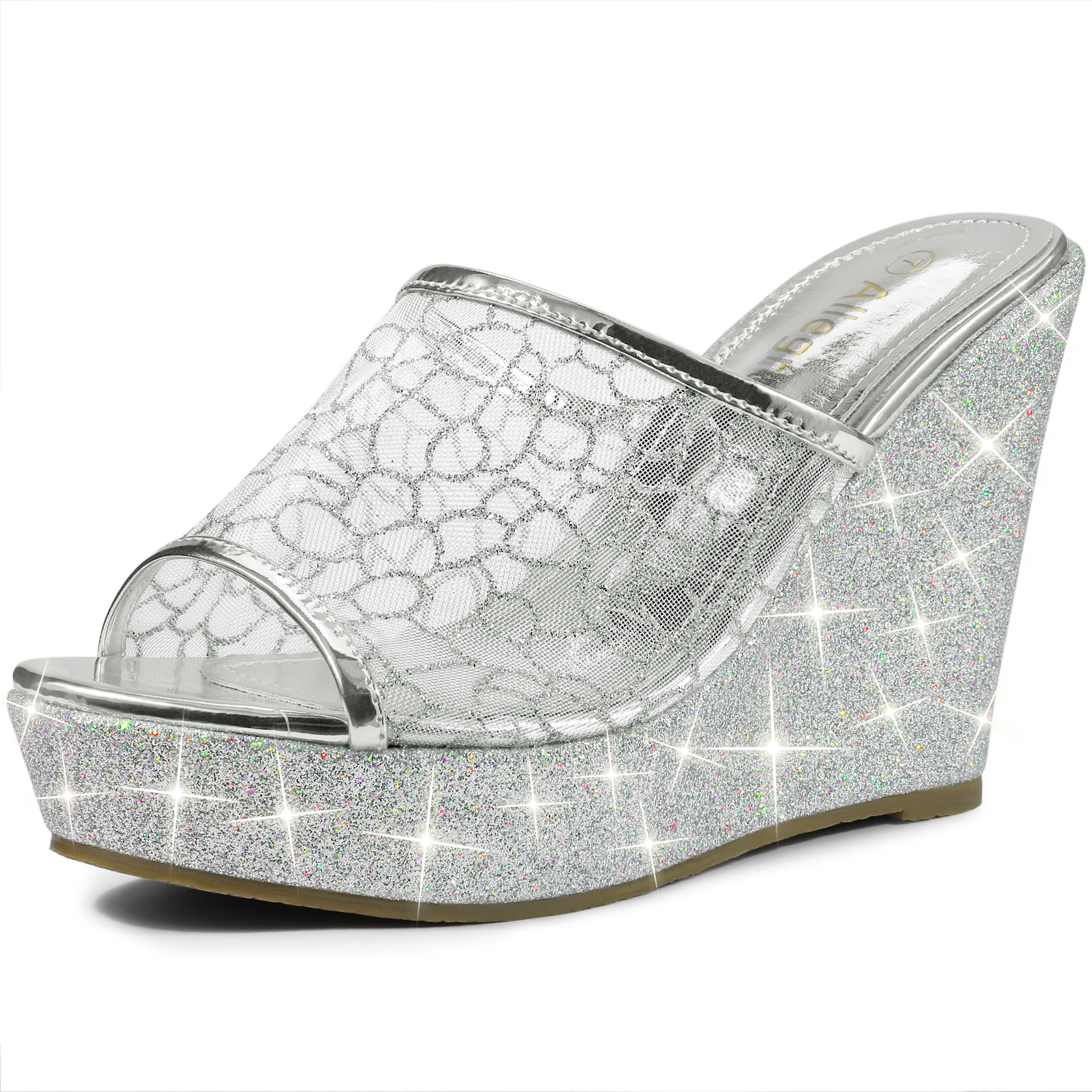 Glitter Platform Heel Slide Wedge Sandals Silver/8