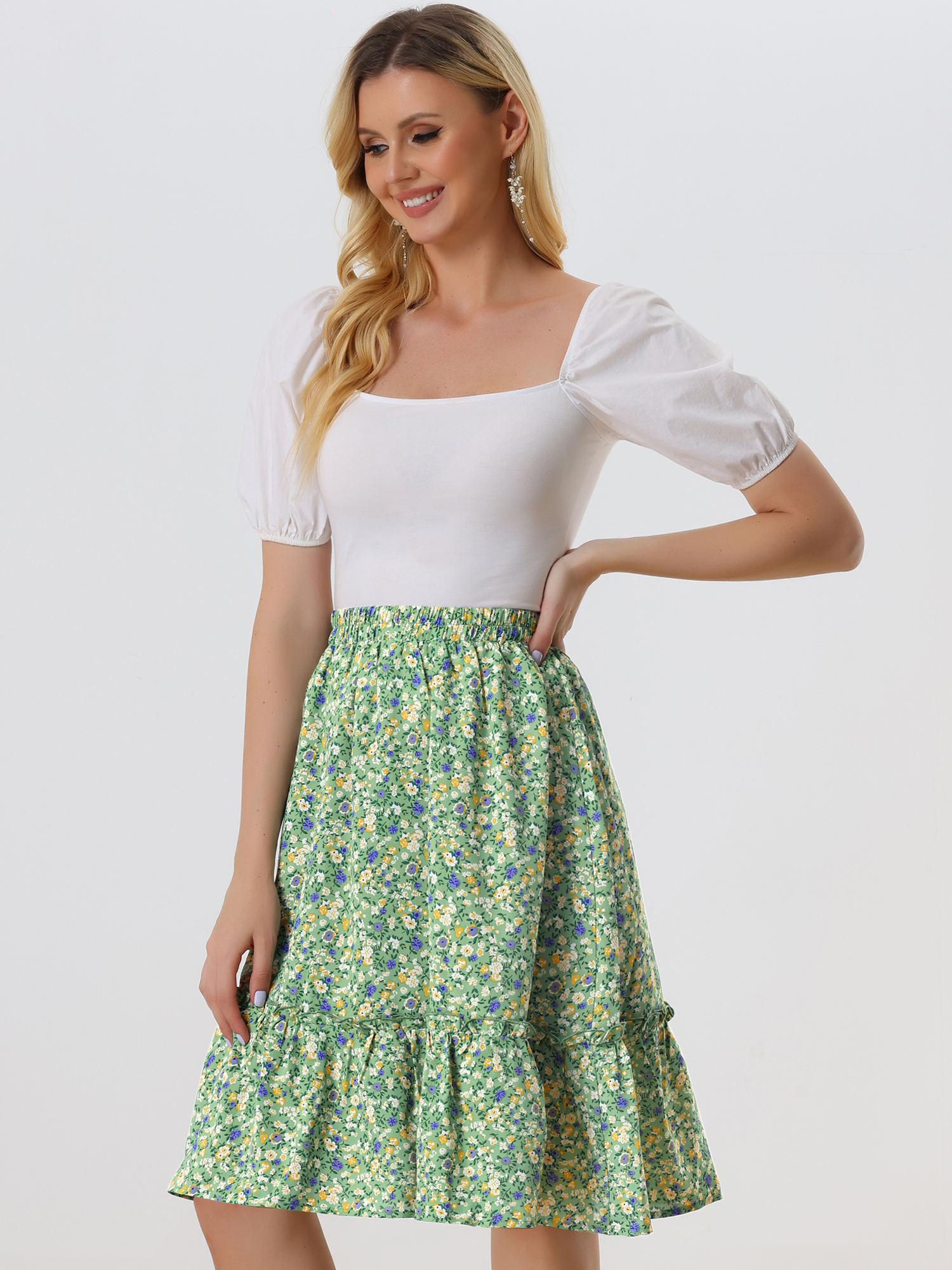 Ruffle Hem Elastic Waist Flowy A-Line Swing Floral Midi Skirt Green/XL