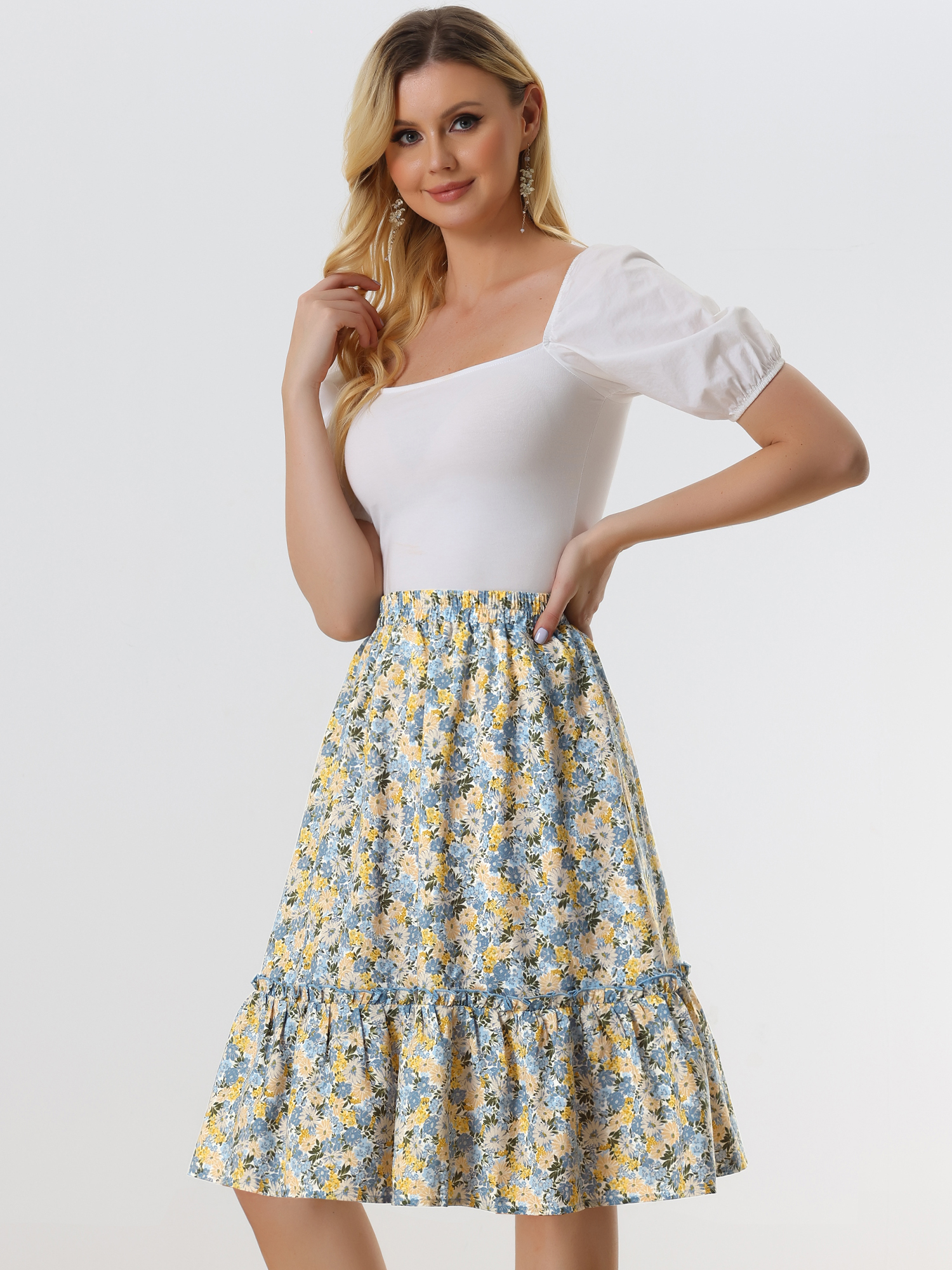 Ruffle Hem Elastic Waist Flowy A-Line Swing Floral Midi Skirt White Yellow/L