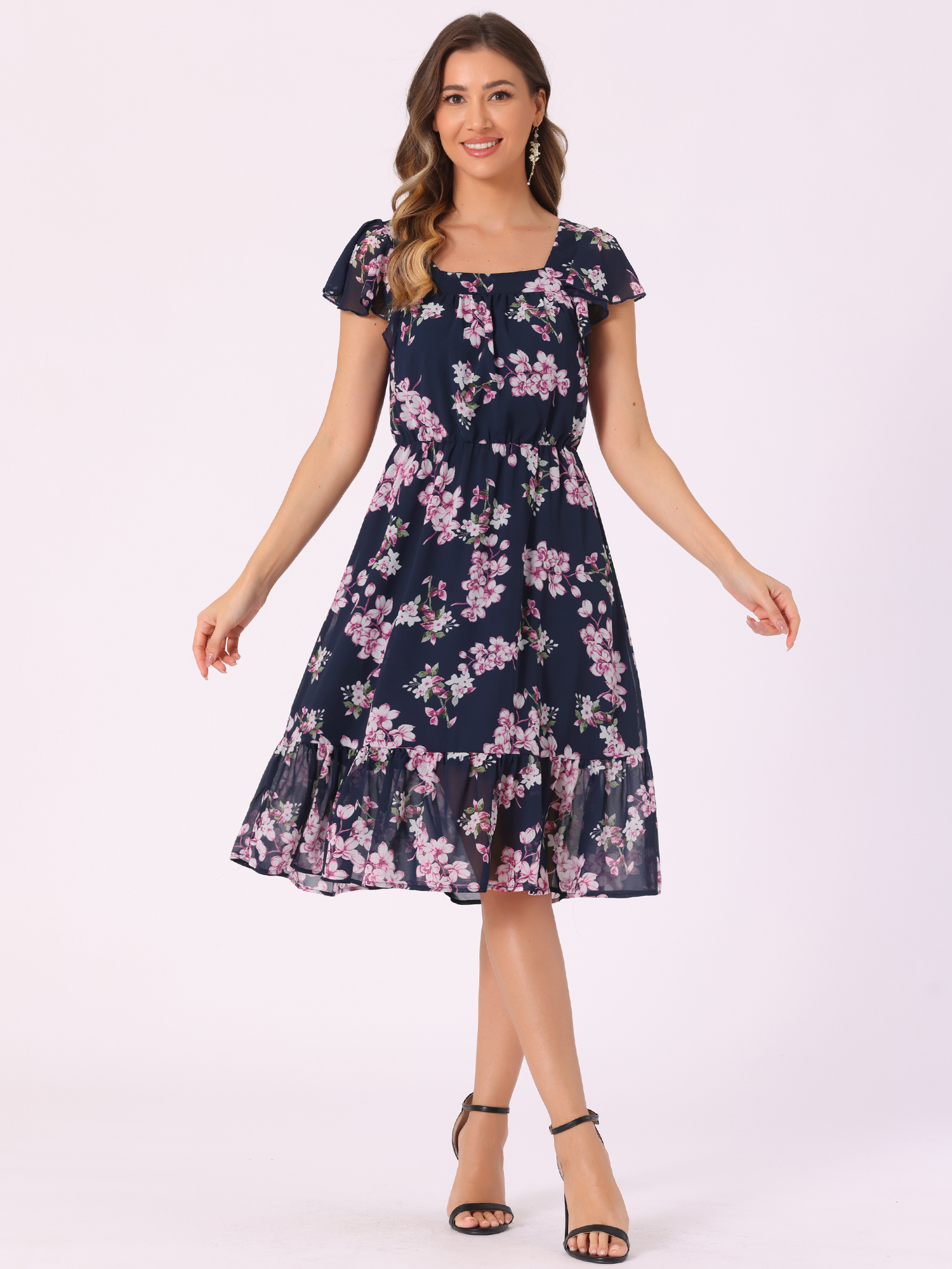 Floral Chiffon Flutter Sleeve Belted Square Neck Ruffled Hem Dress Blue Pink/M