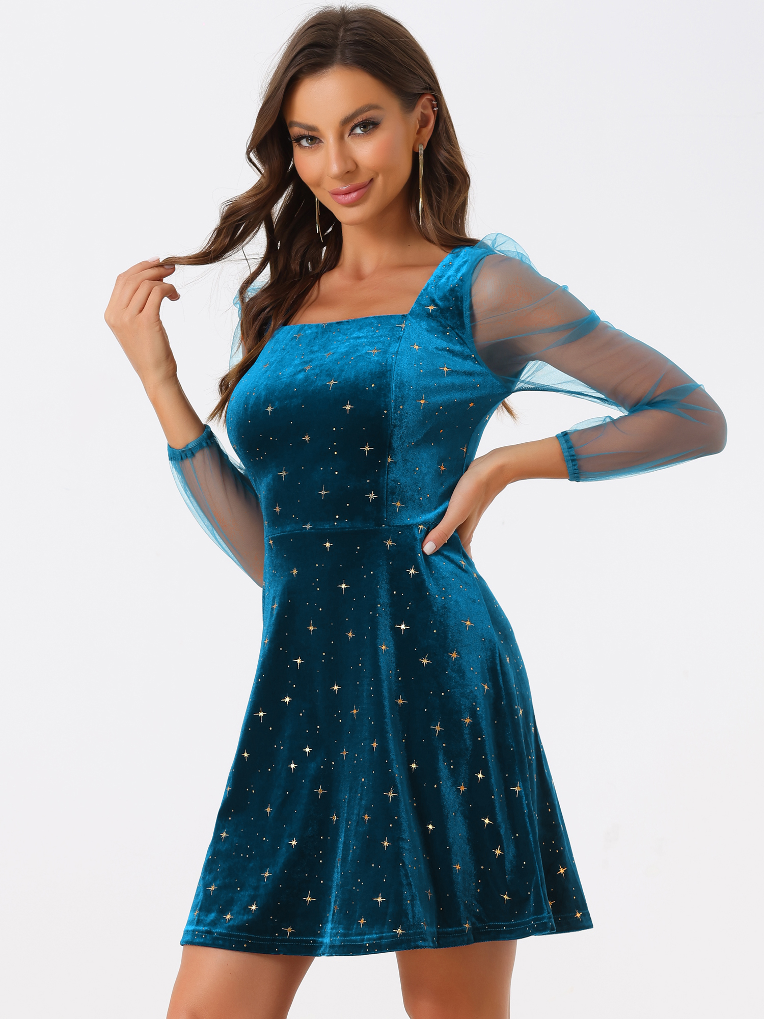Sheer Puff Sleeve Square Neck Glitter Metallic Star Velvet Mini Dress Dark Blue/XS