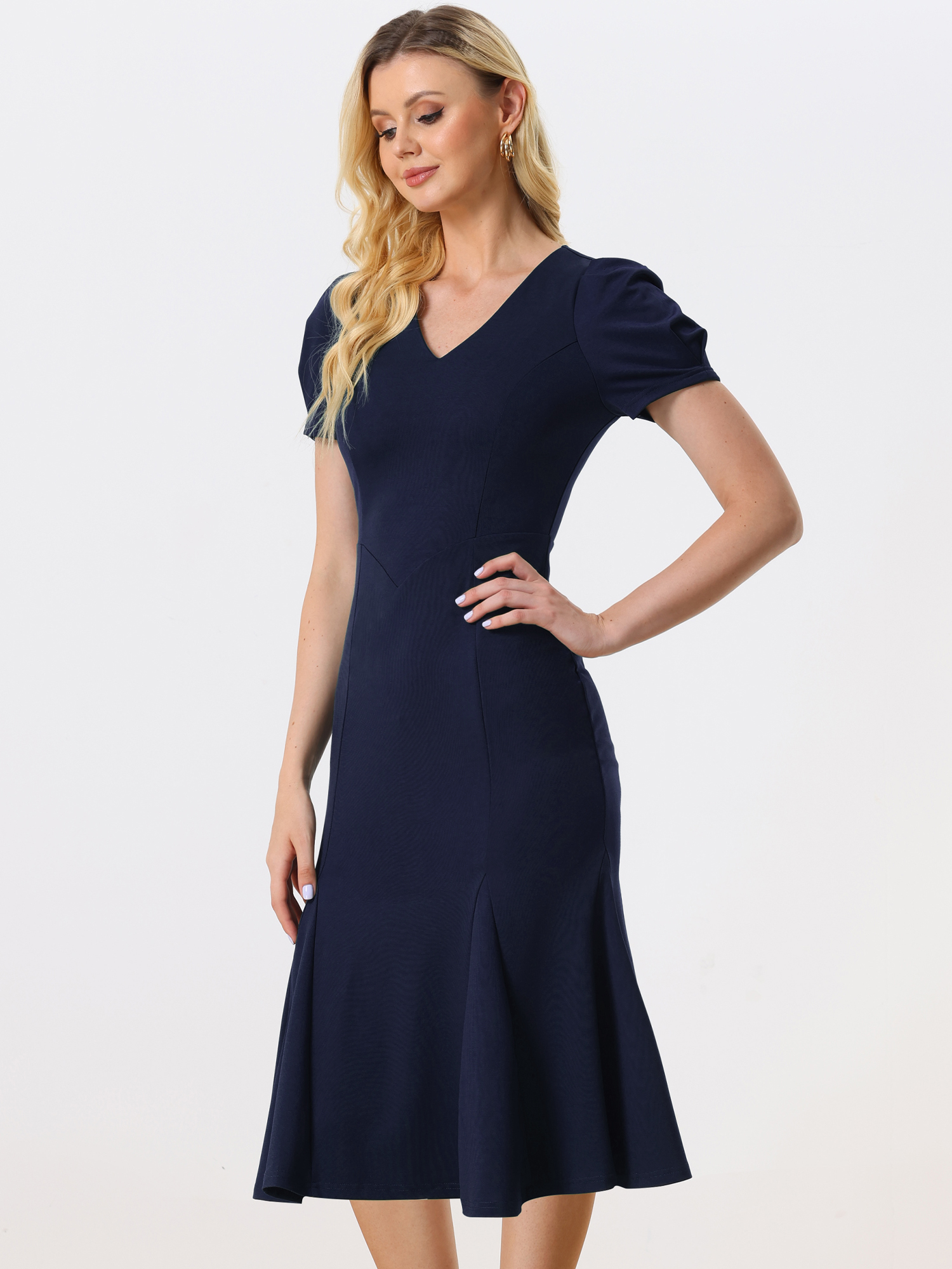 Stylish V-Neck Puff Sleeve Elegant Mermaid Maxi Dress Dark Blue/S