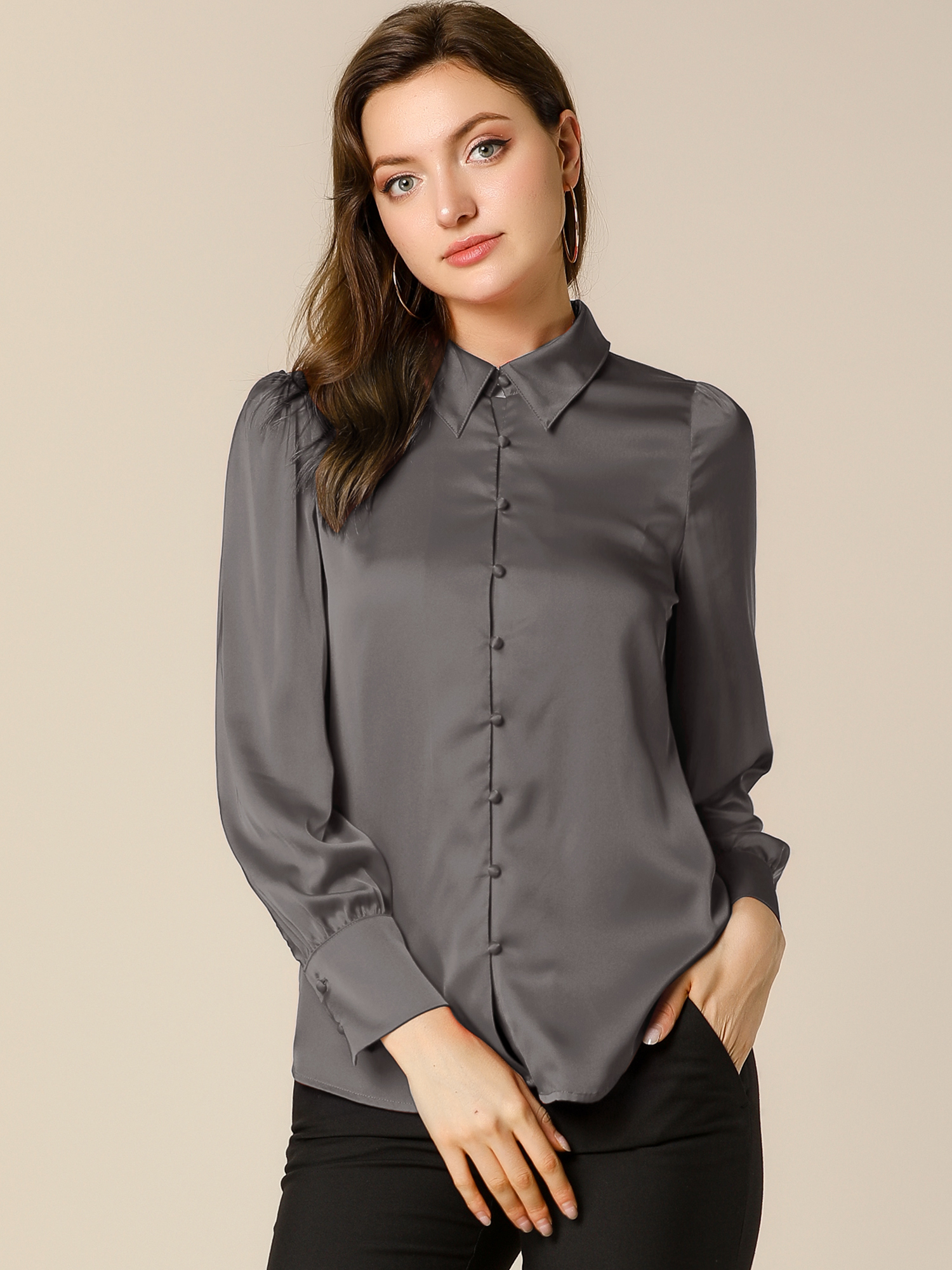 Satin Puff Sleeve Point Collar Vintage Button Up Blouse Grey/XL