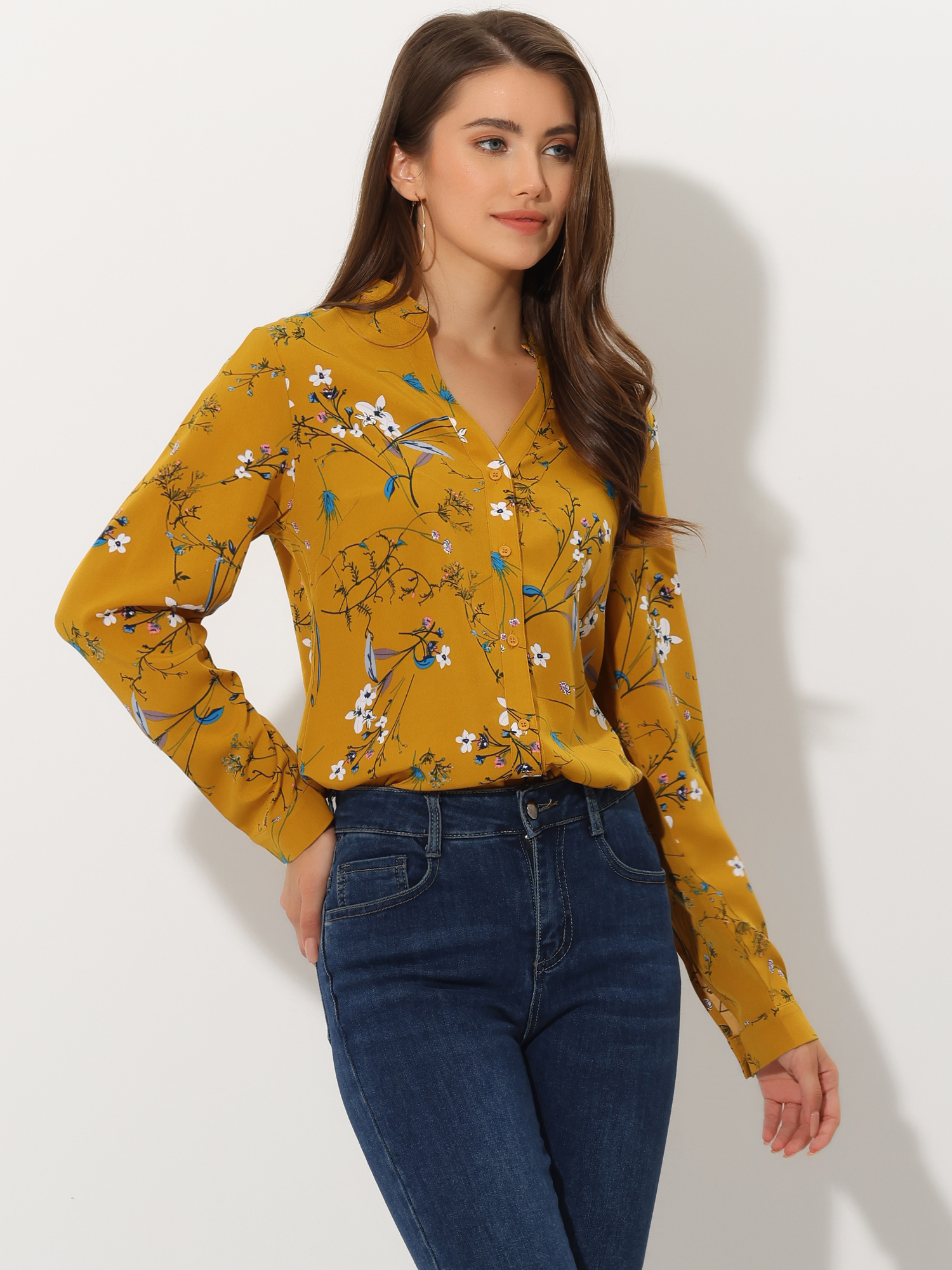 Chiffon Floral Tops V Neck Long Sleeve Button-Up Blouse Shirt Yellow/XL