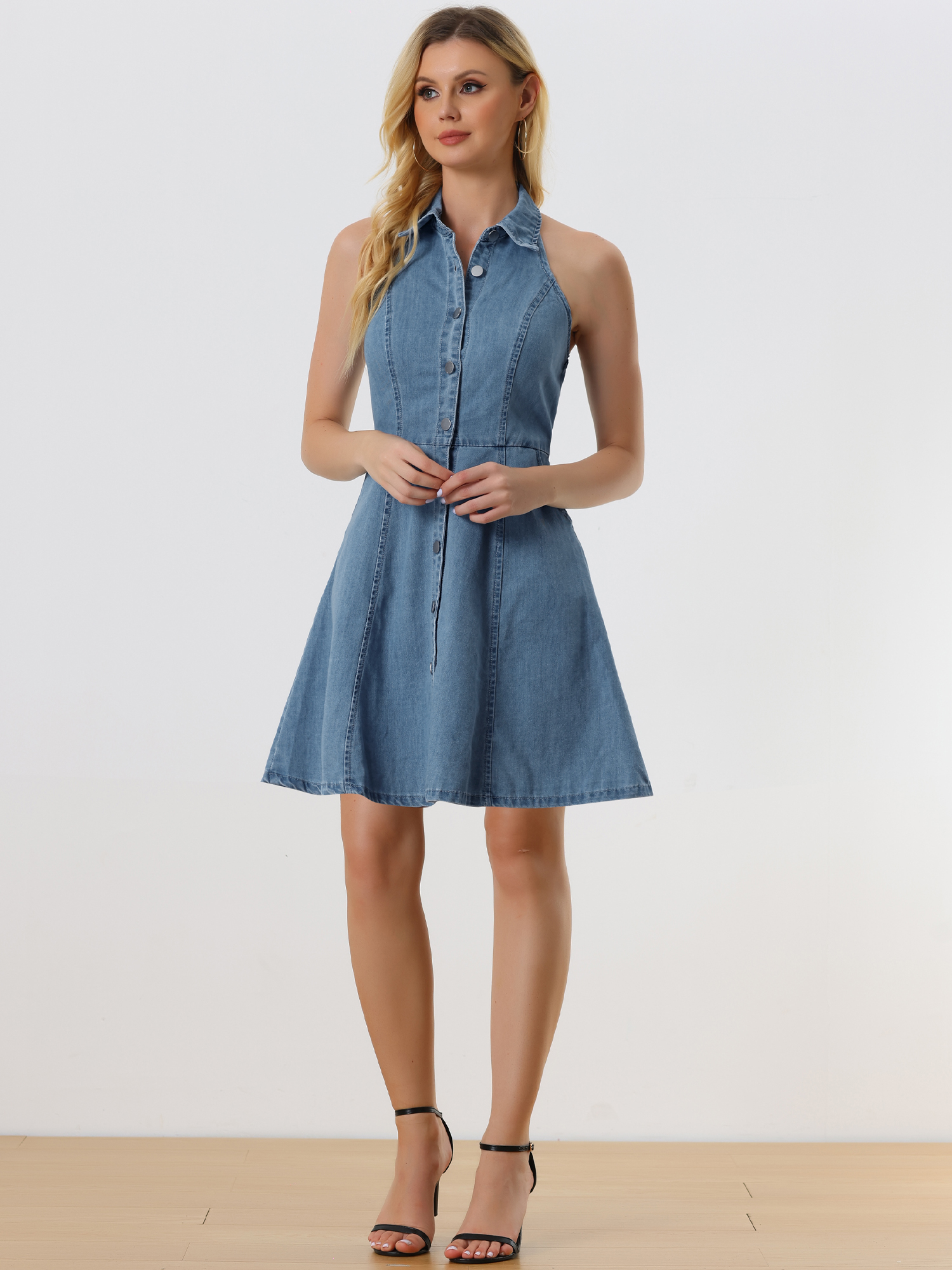Denim Halter Neck Button Down Backless A-Line Mini Shirt Dress Light Blue/S