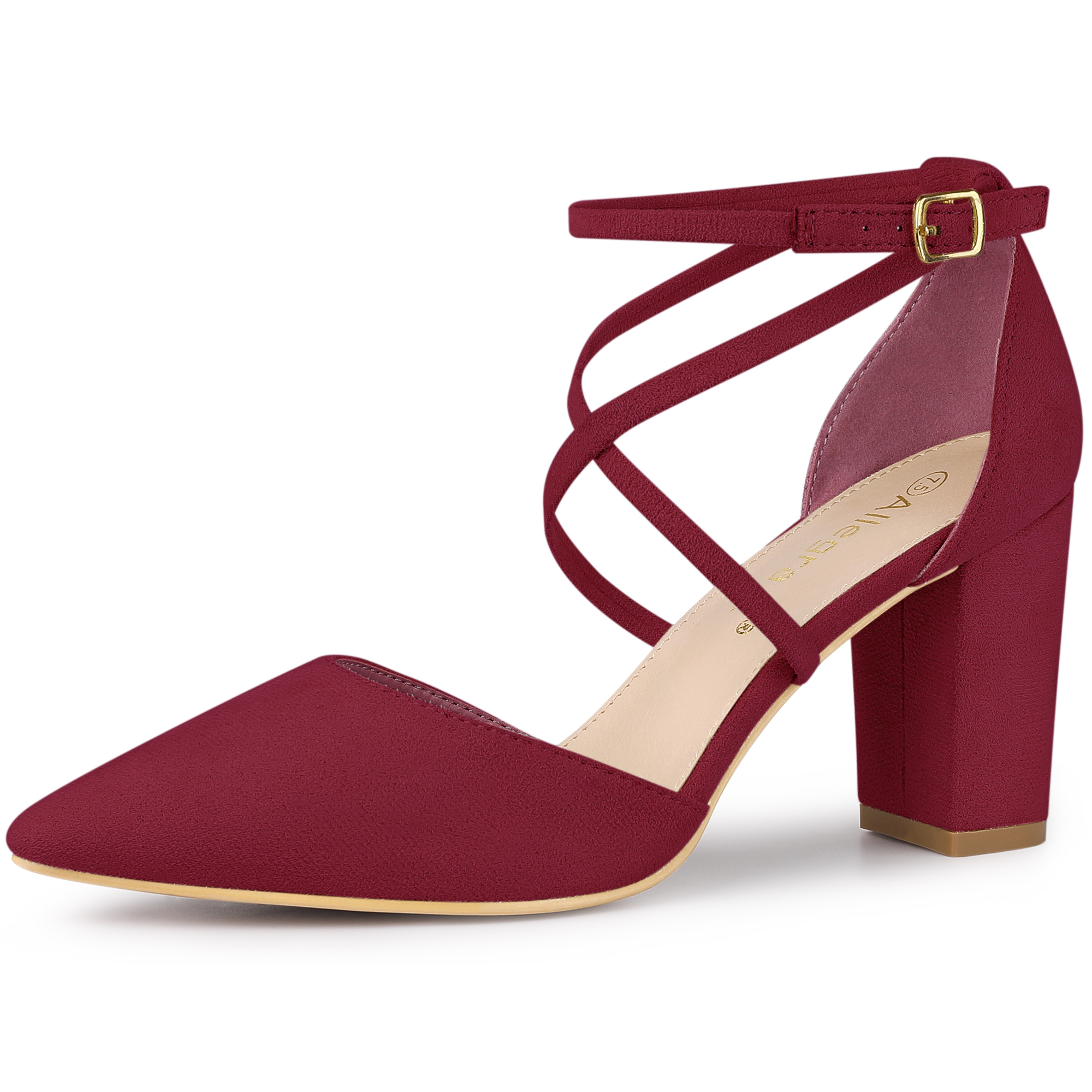Women's Crisscross Strap Wedding Shoes Pointed Toe Chunky Heels Pumps Burgundy/10