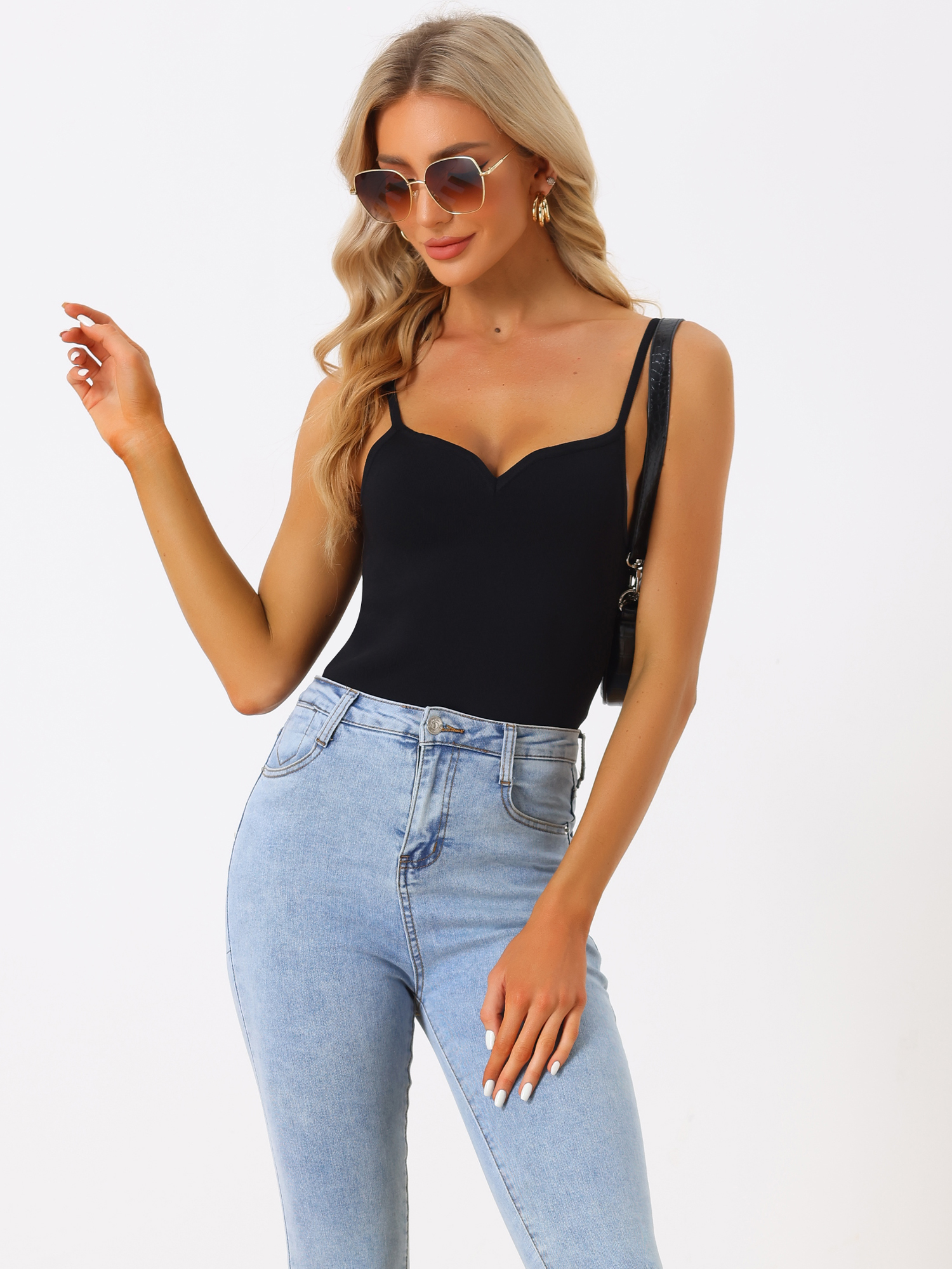 Ribbed Sleeveless Sweetheart Neck Y2K Tank Top Bodysuits Clubwear Black/XL