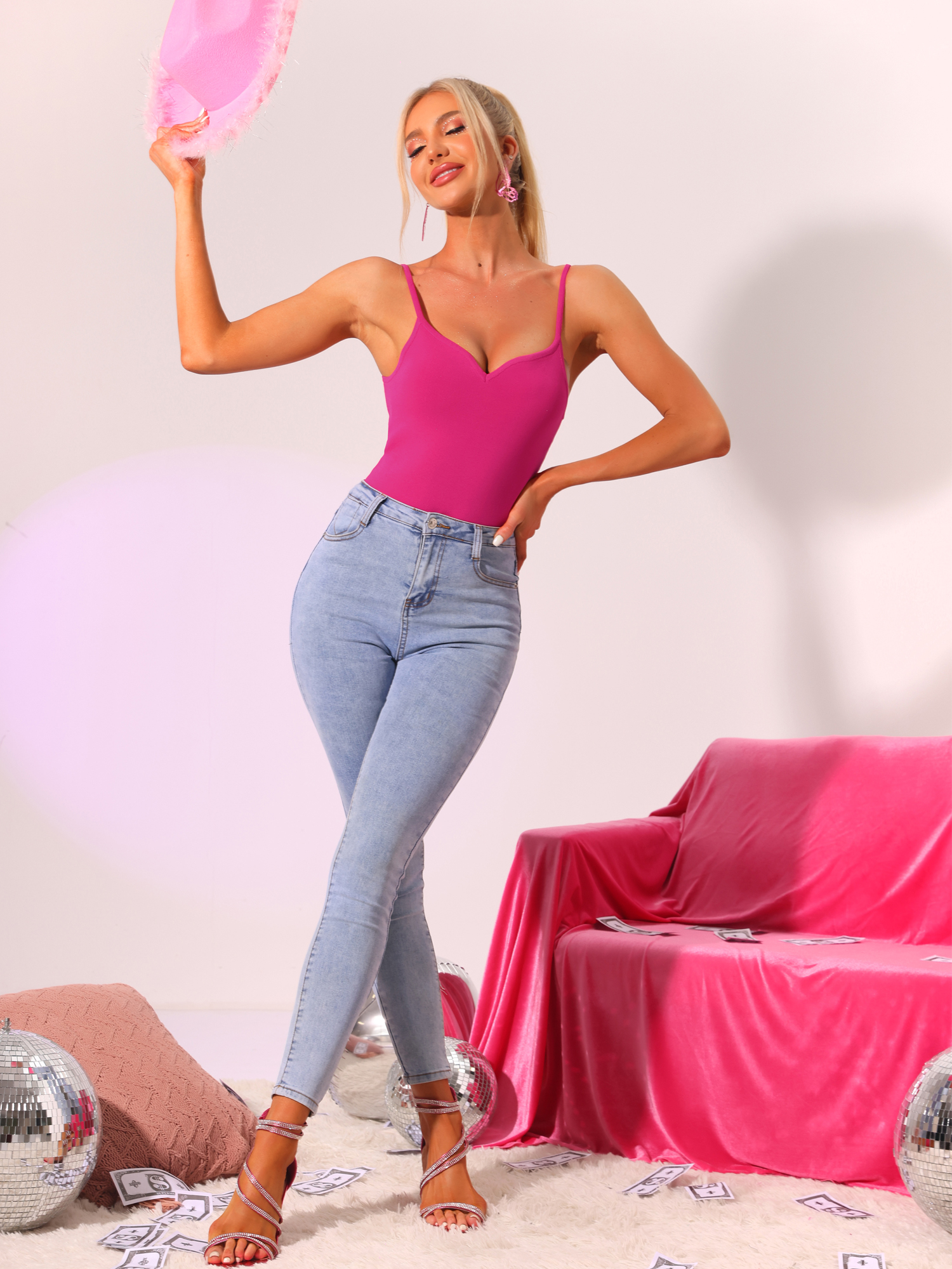 Ribbed Sleeveless Sweetheart Neck Y2K Tank Top Bodysuits Clubwear Hot Pink/XL