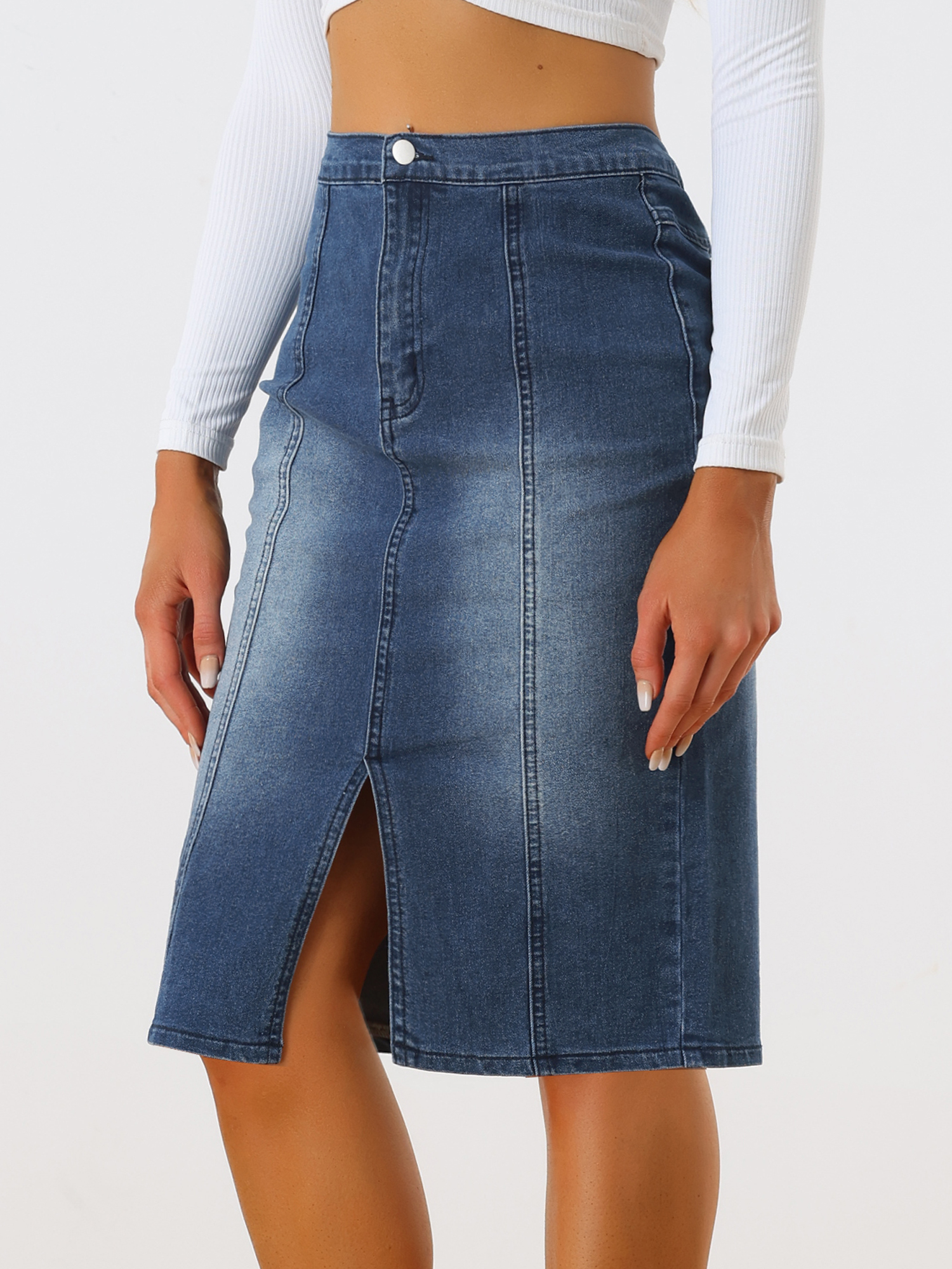 Slit Elastic High Waist Casual Stretch Bodycon Pencil Denim Skirt Dark Blue/M