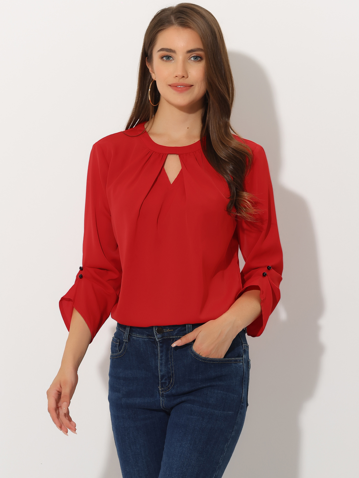Office Keyhole Pleated Front Ruched 3/4 Sleeve Chiffon Blouse Red/XL