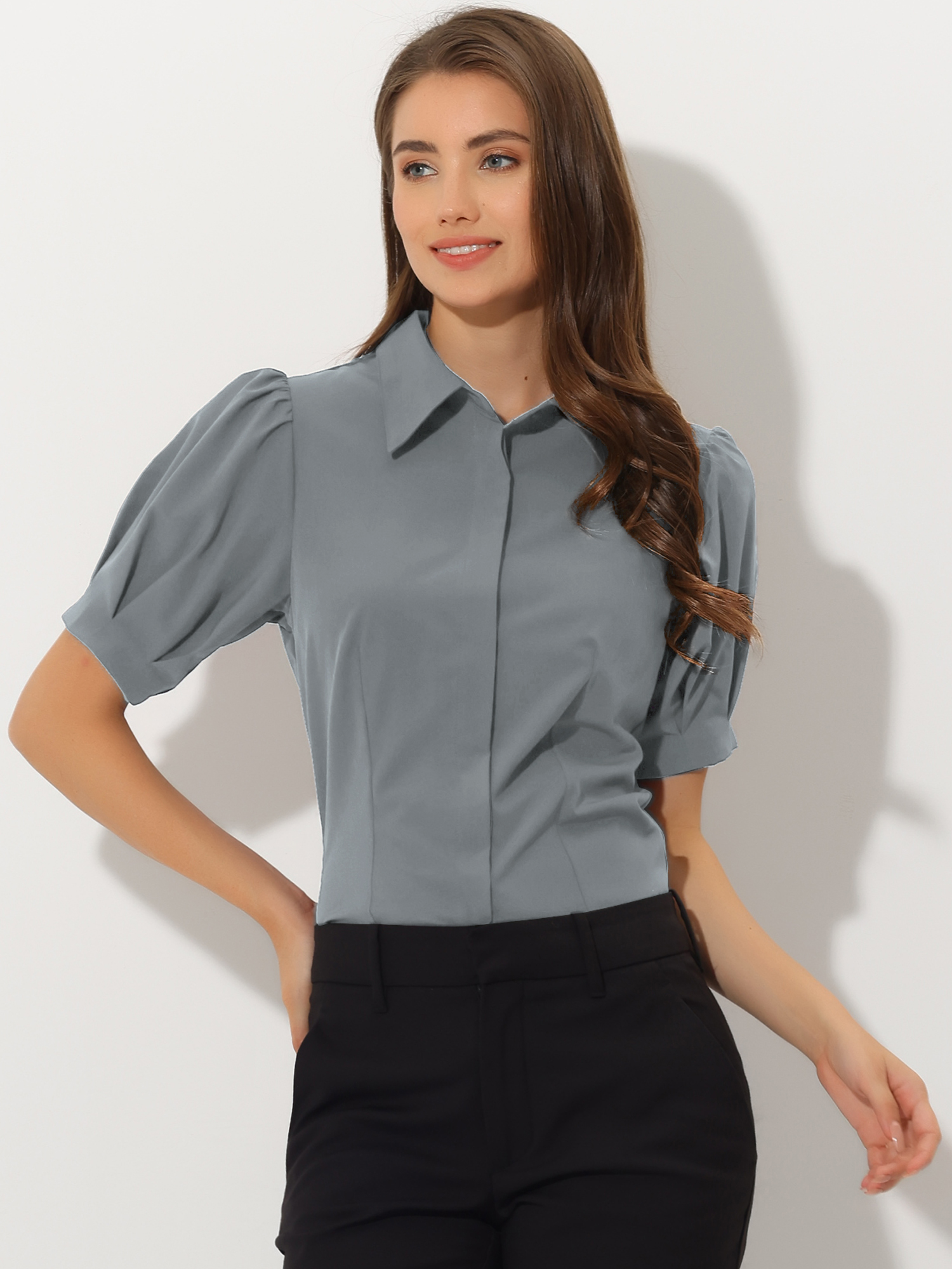 Puff Sleeve Collared Cotton Work Office Button Down Shirt Dark Grey/XS