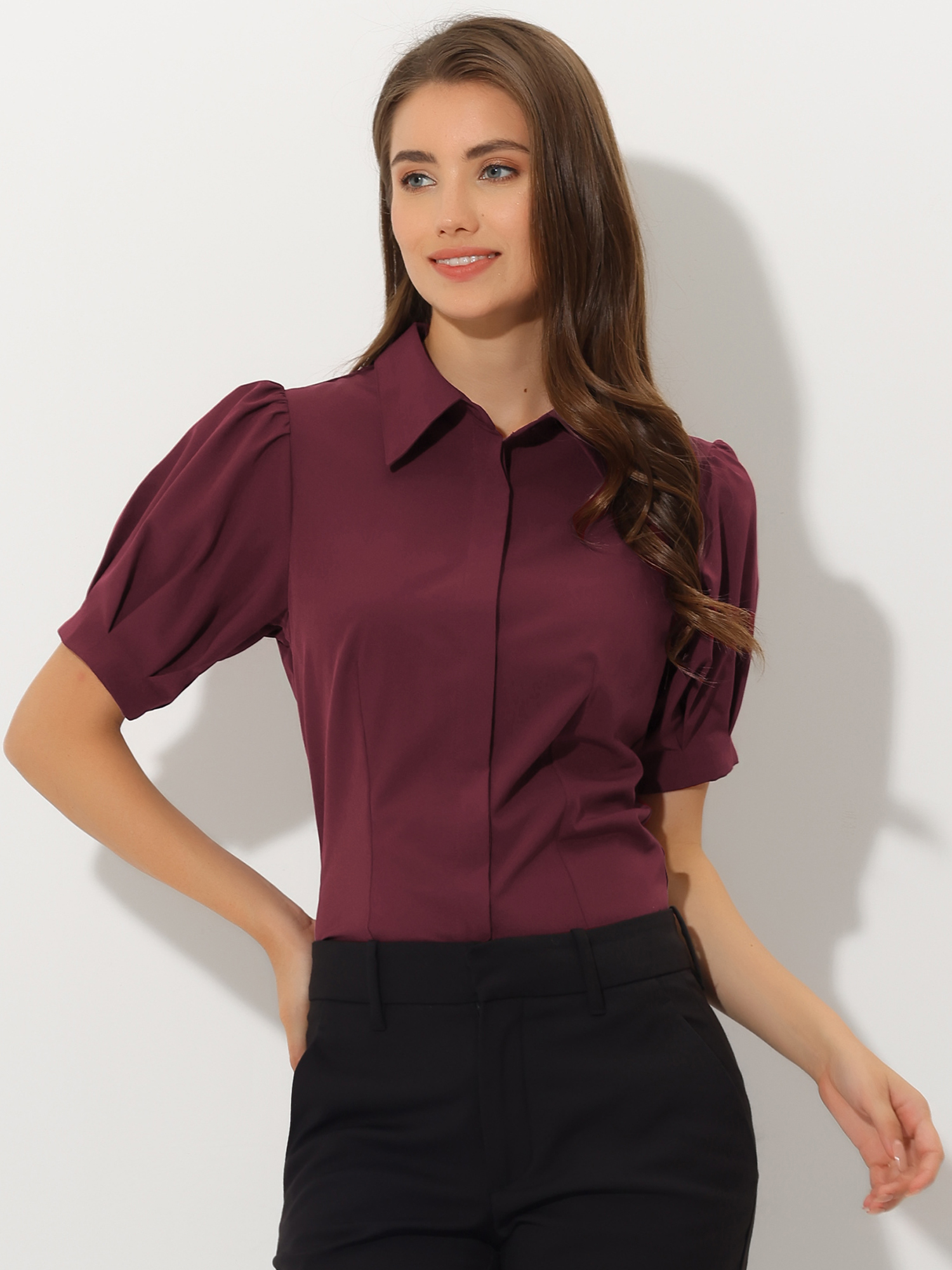 Puff Sleeve Collared Cotton Work Office Button Down Shirt Dark Red/XL
