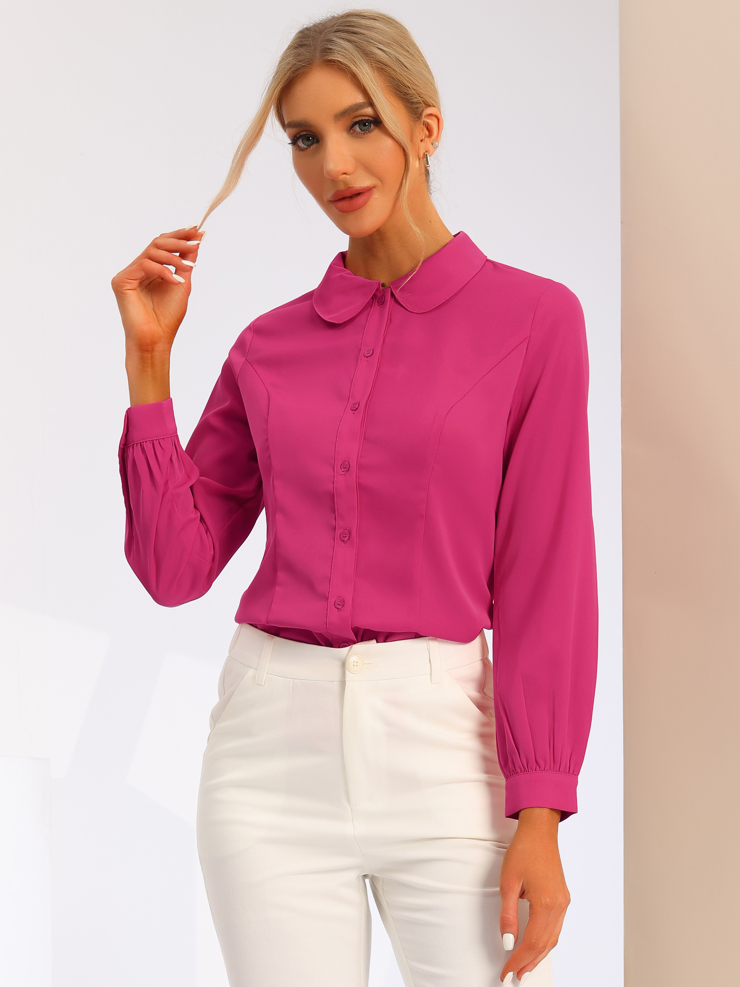 Button Up Peter Pan Collar Long Bishop Sleeve Blouse Top Hot Pink/XL