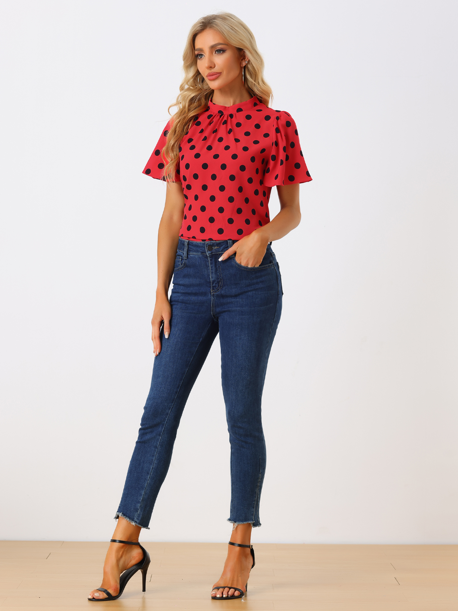 Polka Dots Stand Collar Pleat Keyhole Short Flare Sleeve Blouse Red/XL