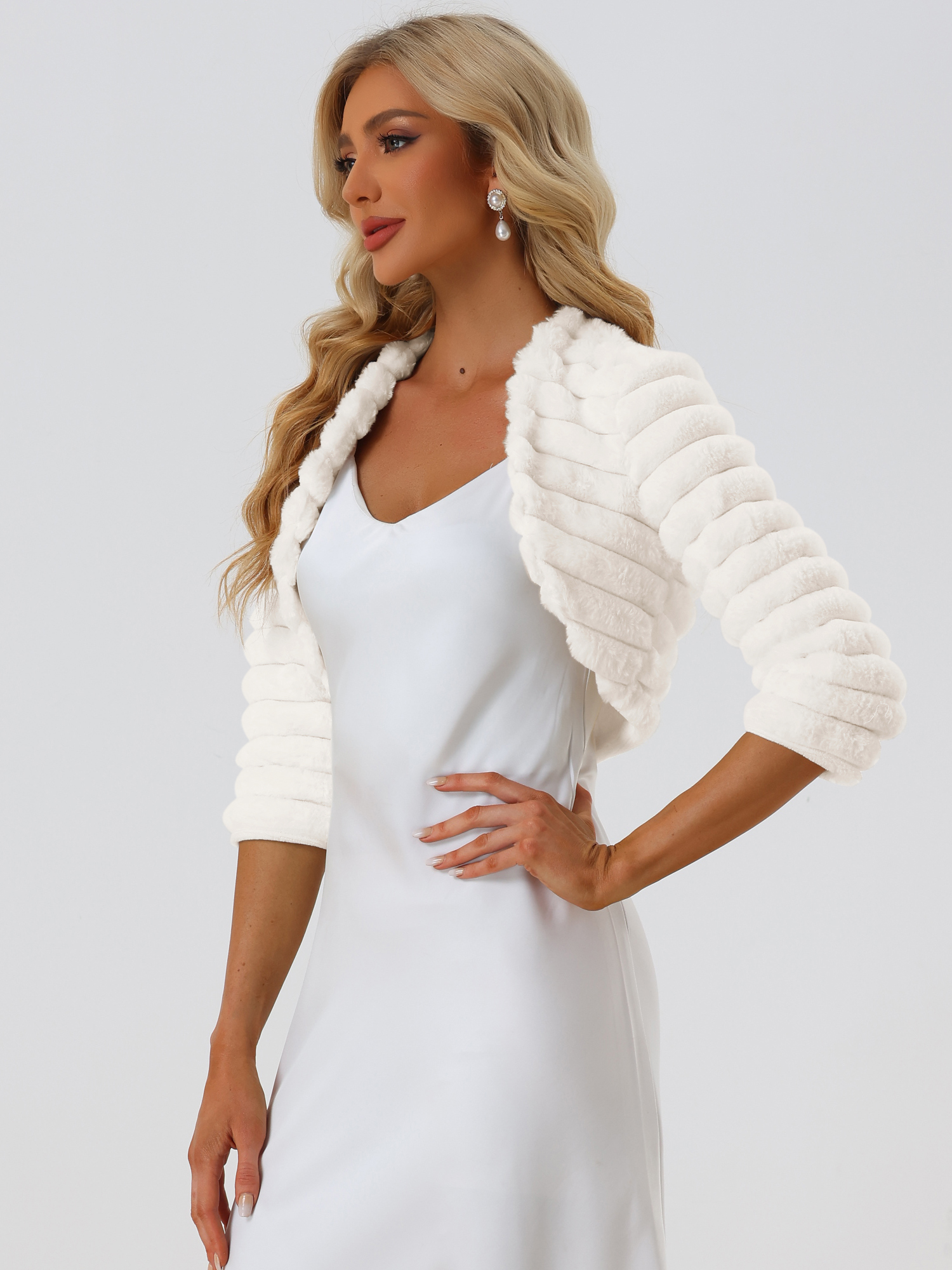 Faux Fur 3/4 Sleeves Cocktail Cropped Jacket Bolero Shrug White/L