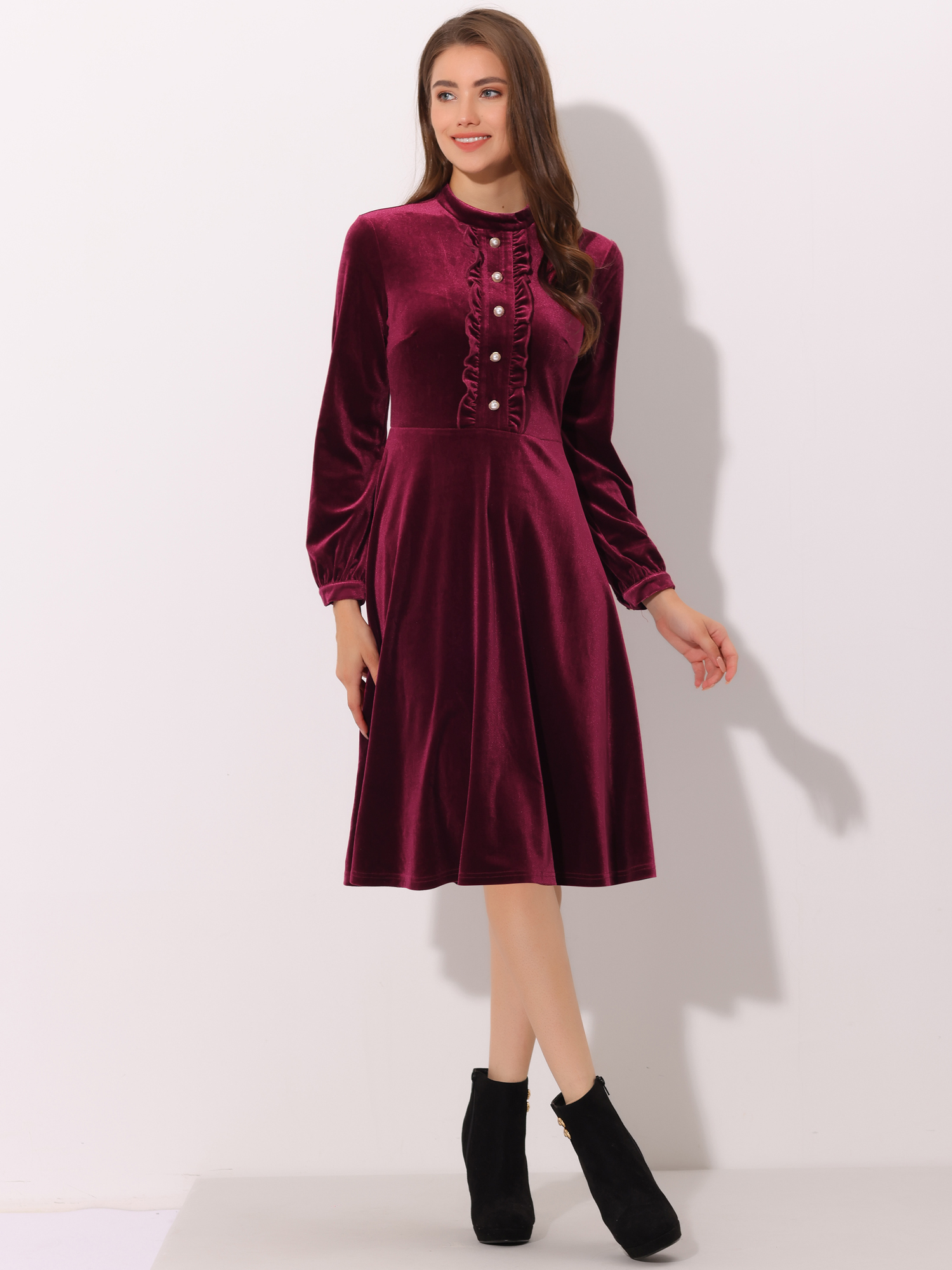 Retro Velvet Mock Neck Button Front Ruffle Flared Dress Burgundy/M