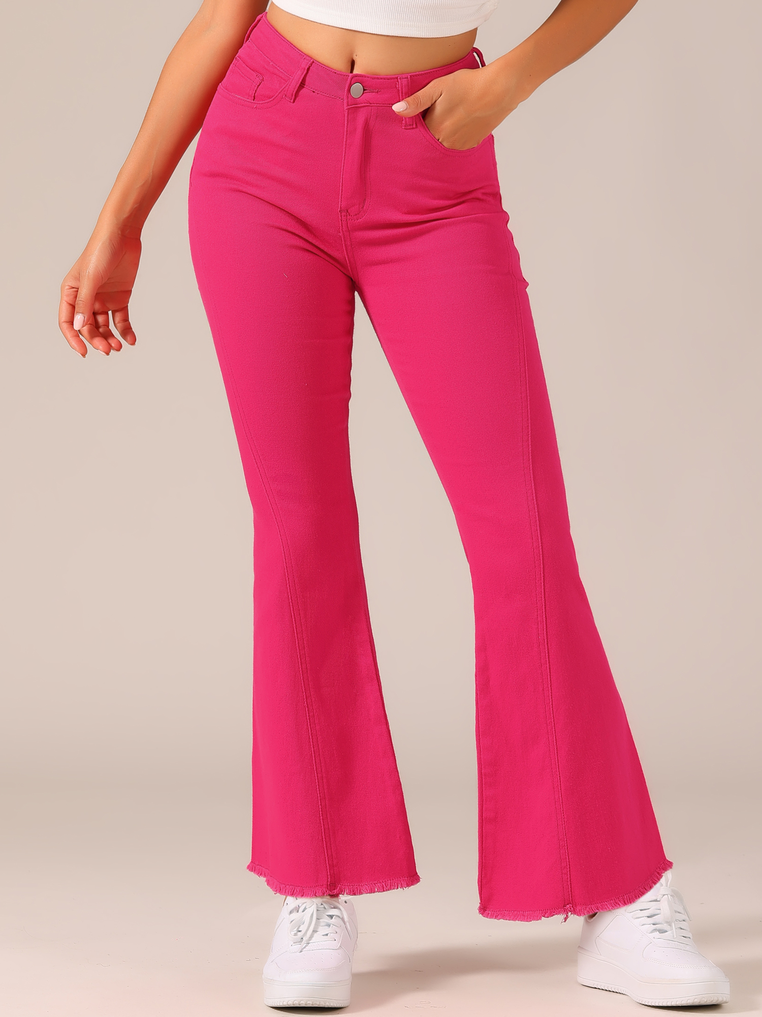 High Waist Stretch Denim Long Bell Pants Flare Jeans Hot Pink/XS