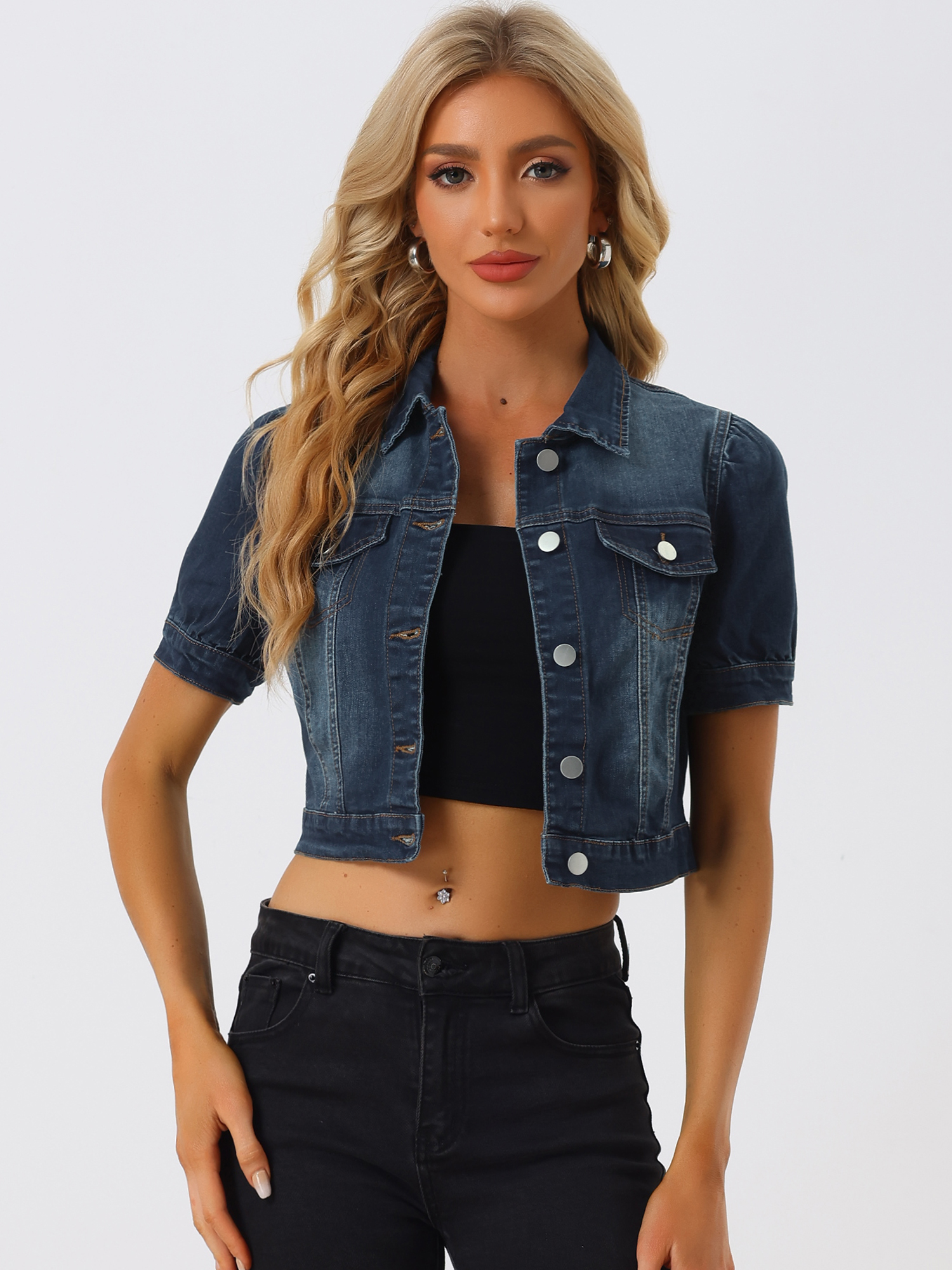 Casual Button-Down Puff Long Sleeve Crop Denim Jacket Dark Blue/XS
