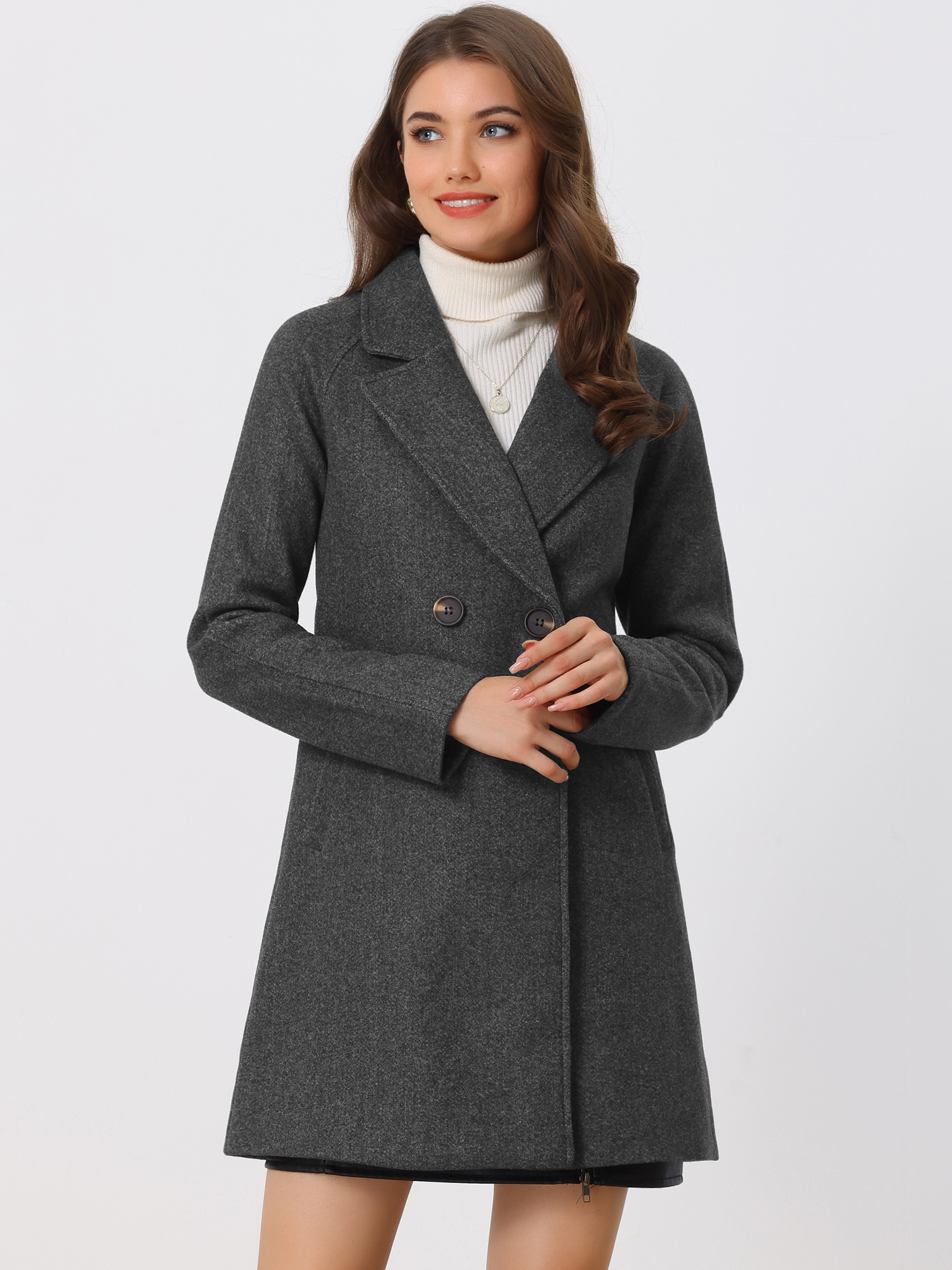 Notched Lapel Raglan Double Breasted Winter Coat Dark Grey/XL