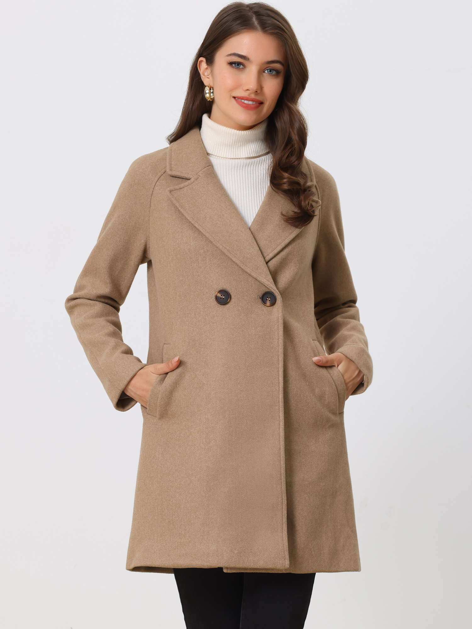 Notched Lapel Raglan Double Breasted Winter Coat Dark Khaki/M