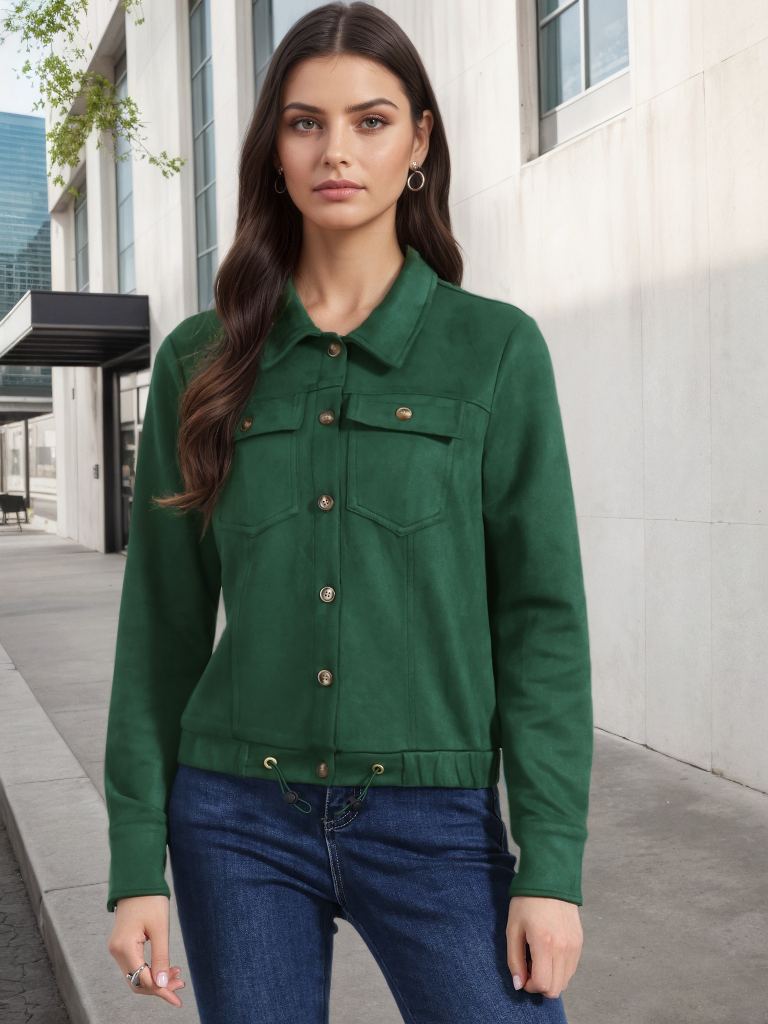 Faux Suede Point Collar Button Down Cropped Moto Biker Jacket Green/M