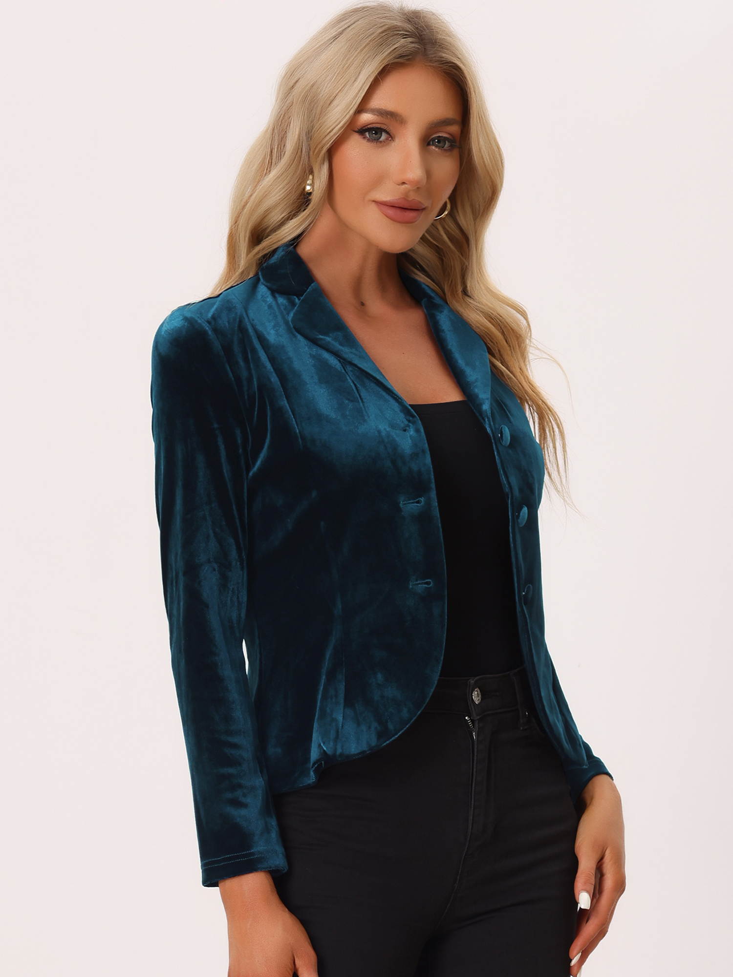 Notched Lapel Long Sleeve Office Business Button Velvet Blazer Peacock Blue/L