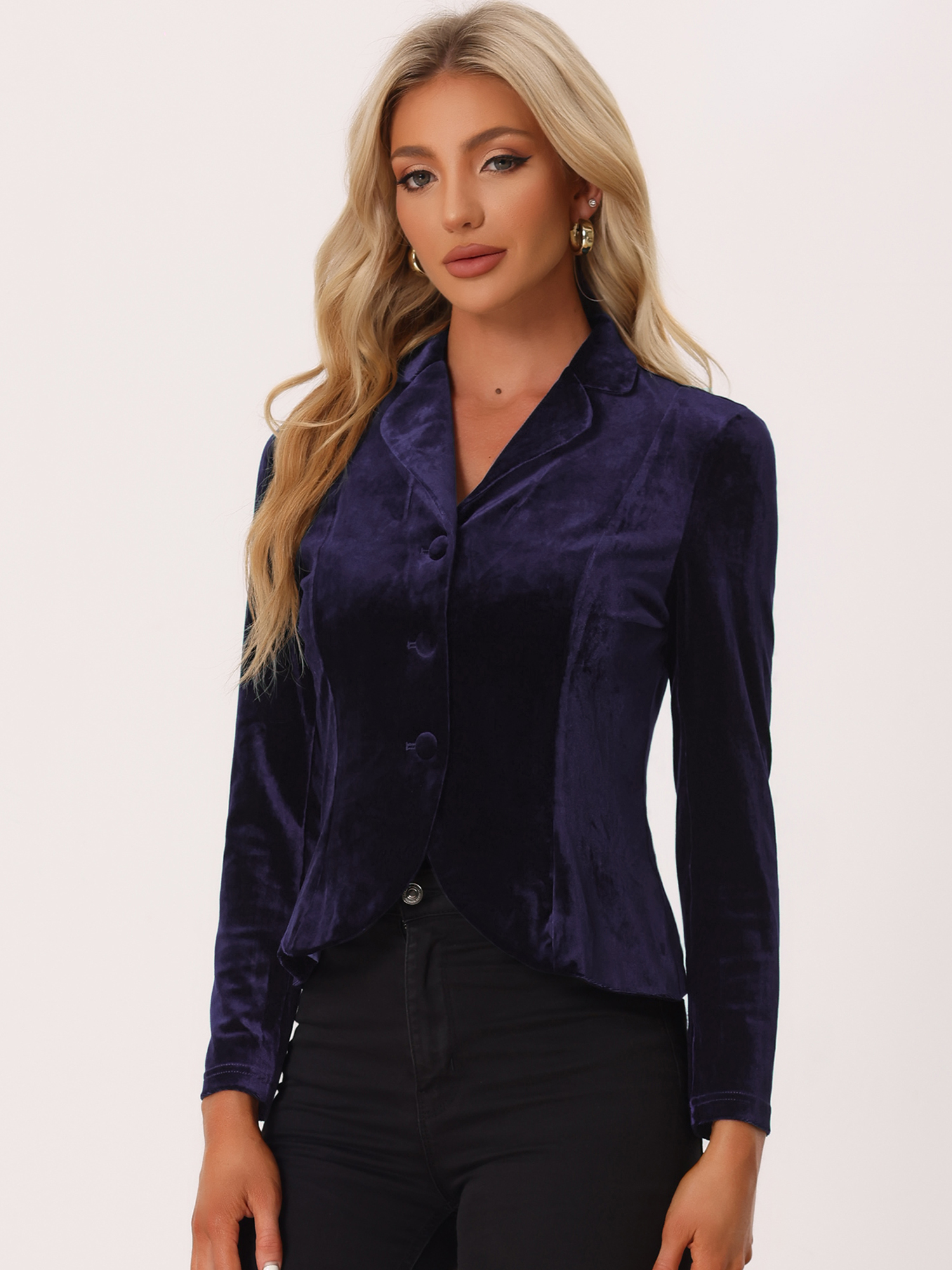 Notched Lapel Long Sleeve Office Business Button Velvet Blazer Dark Purple/L