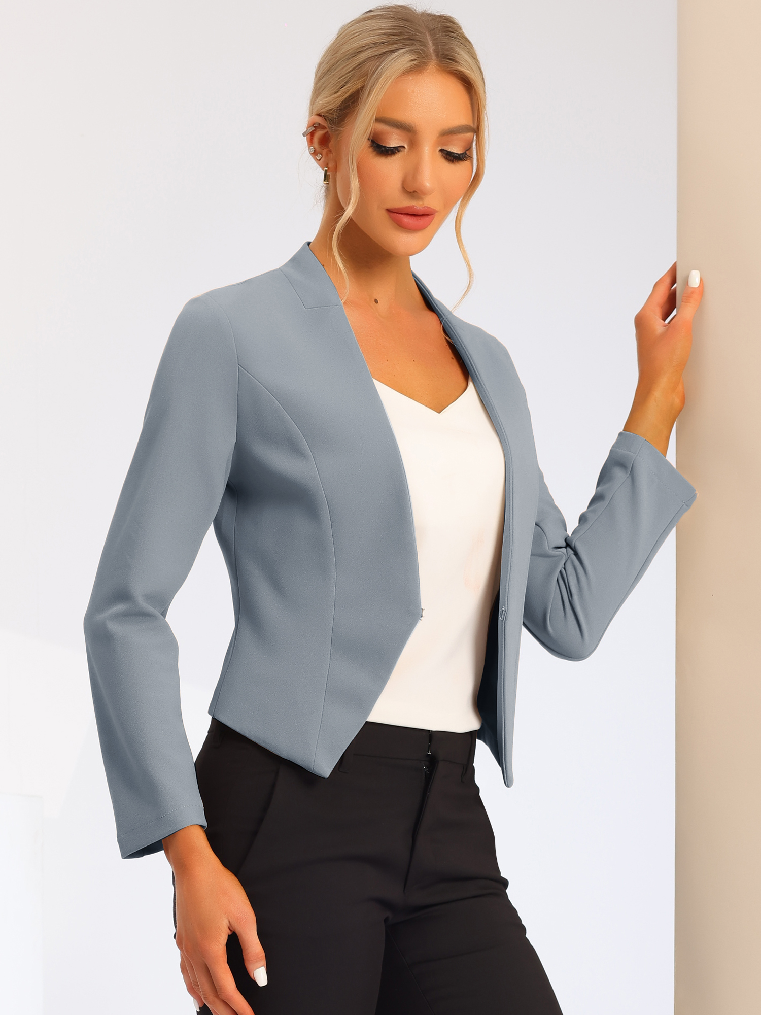 Collarless Solid Color Cropped Office Blazer Jacket Grey/M