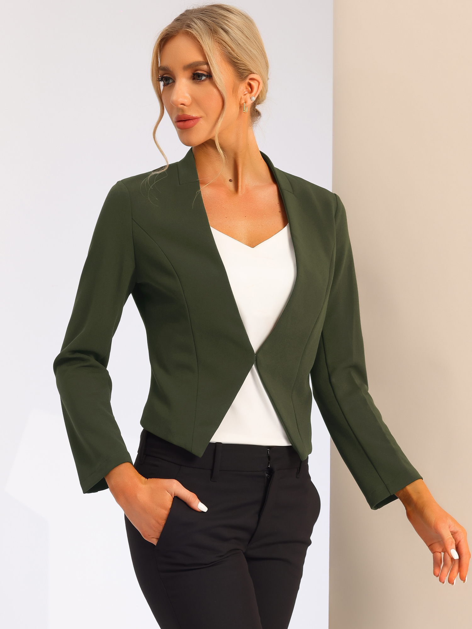 Solid Color Collarless Cropped Office Blazer Jacket Army Green/XS