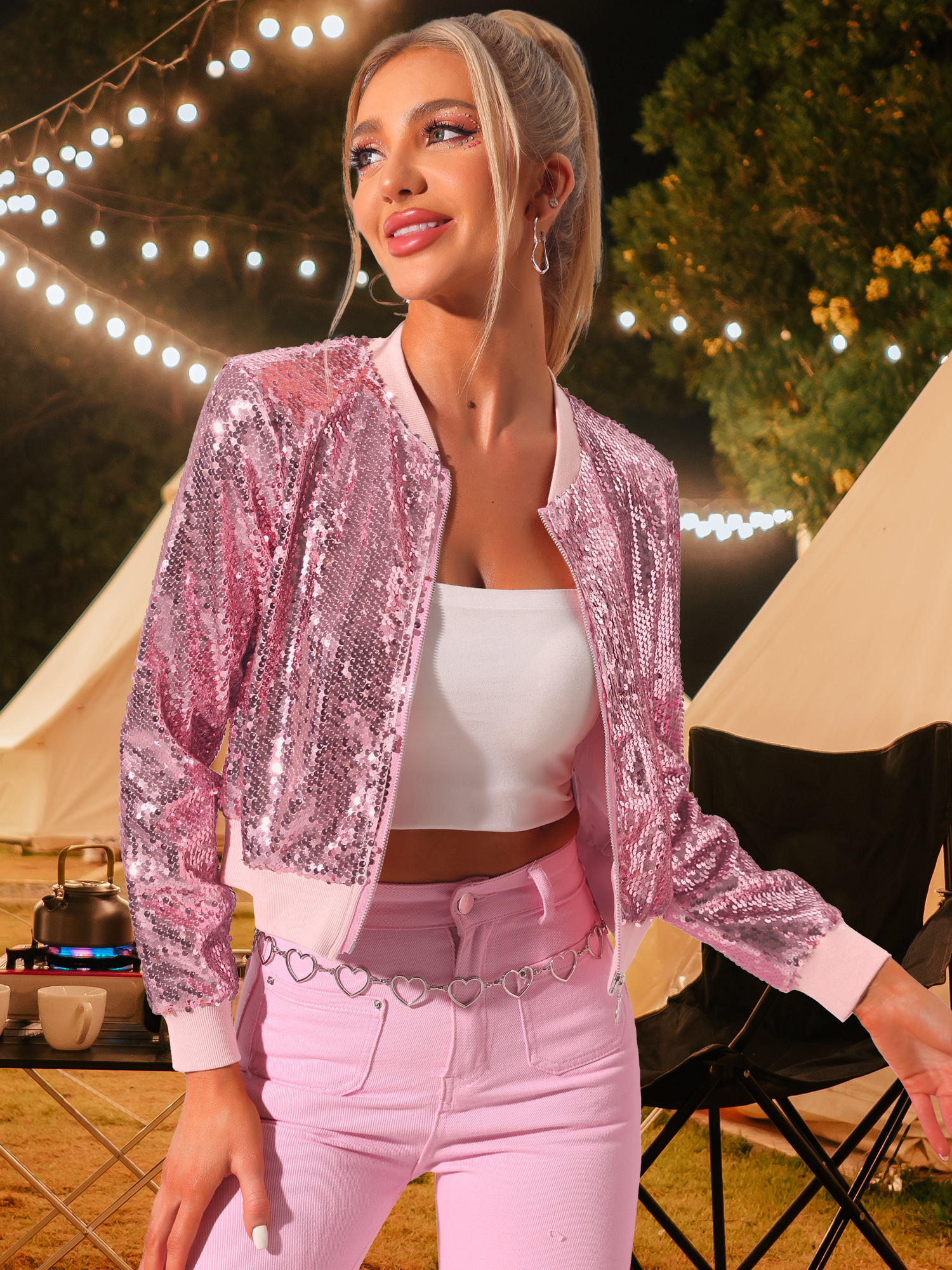 Sequin Long Sleeve Zipper Up Collarless Glitter Bomber Jacket Pink/L