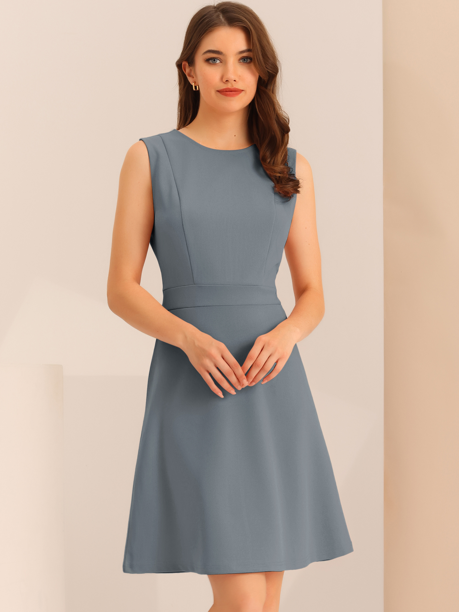 Round Neck Solid Color Sleeveless A-Line Work Midi Dress Grey/XL