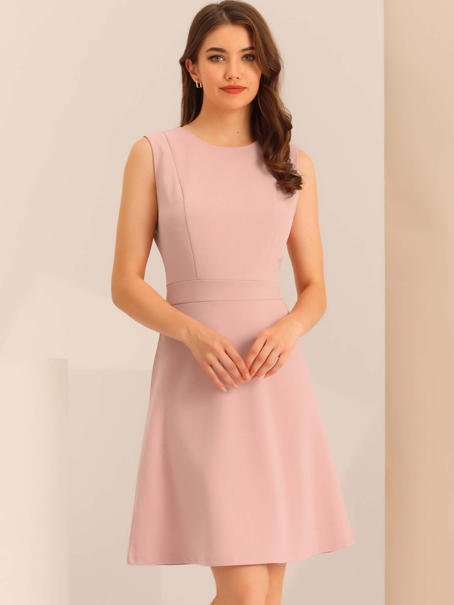 Round Neck Solid Color Sleeveless A-Line Work Midi Dress Pink/L