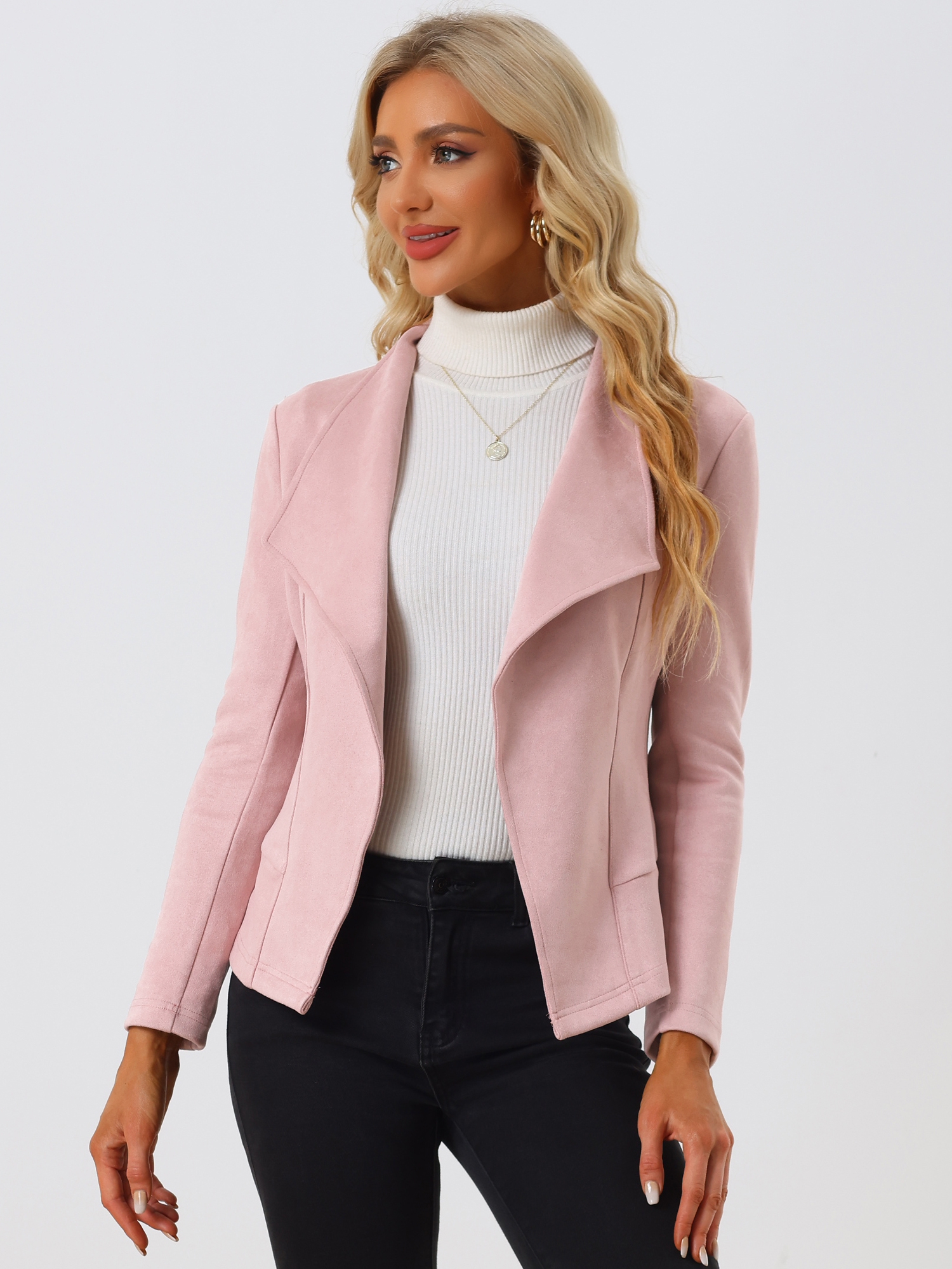 Faux Suede Jacket Open Front Lapel Draped Outwear Cardigan Pink/L