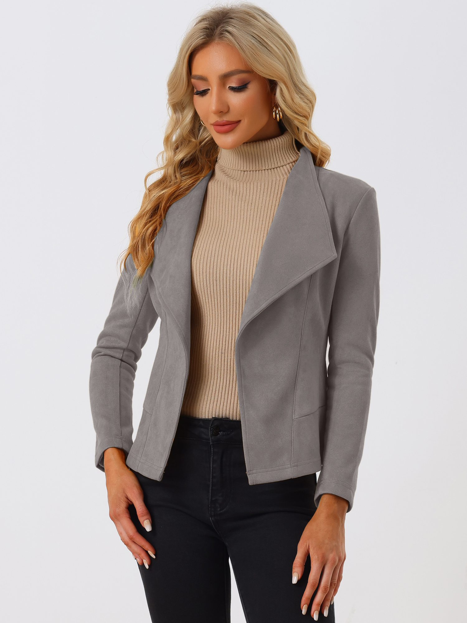 Faux Suede Jacket Open Front Lapel Draped Outwear Cardigan Gray/M